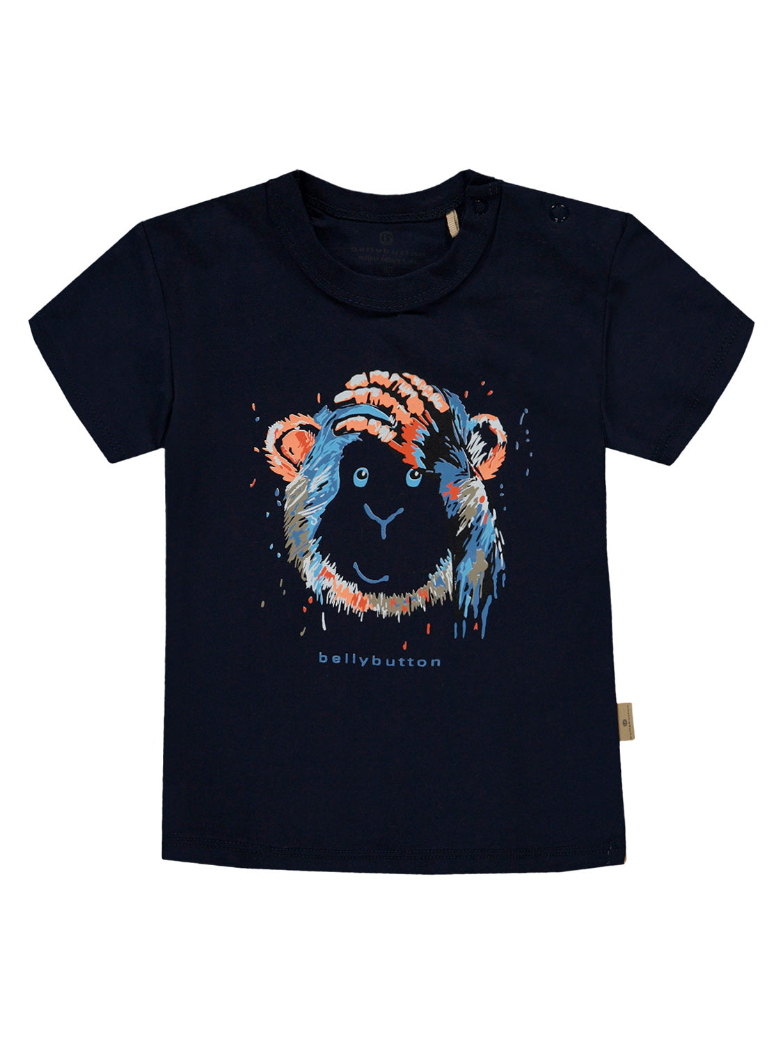 Kinder T-Shirt Schwarz mit Affenkopf-Illustration, kurze Ärmel, Druckknöpfe an der Schulter, Marke bellybutton, geeignet für Babys oder Kleinkinder.