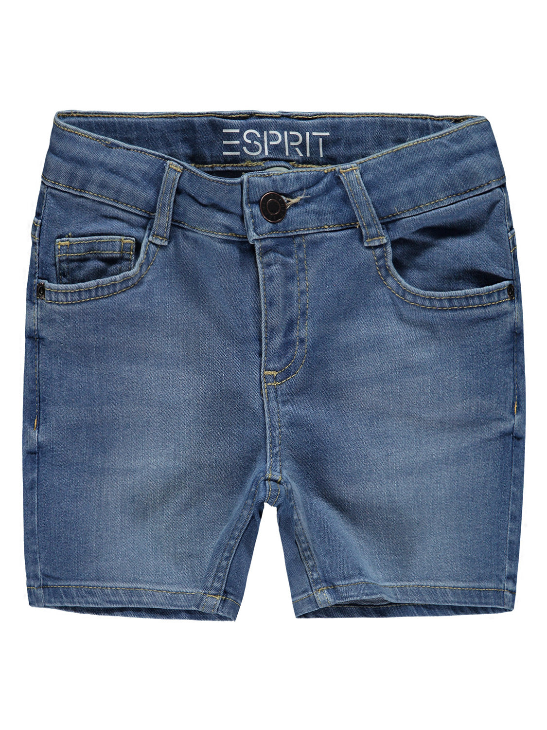 Shorts Blau: Medium-wash Jeansshorts von ESPRIT mit klassischem Fünf-Taschen-Design, Metallknopfverschluss und elastischem Anteil, ideal für modische Looks bei bellybutton.