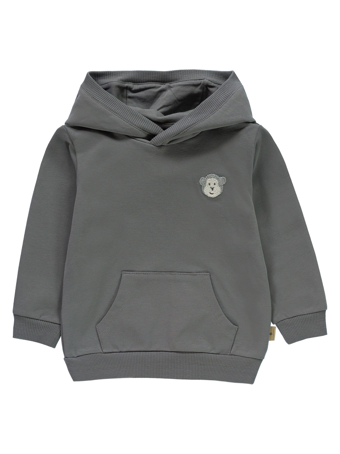 Kinderpullover Hoodie Grau: Crossover-Kapuze ohne Kordeln, lange Ärmel, Kängurutasche, gerippte Bündchen und Saum, mit kleiner Teddybär-Stickerei auf der Brust.