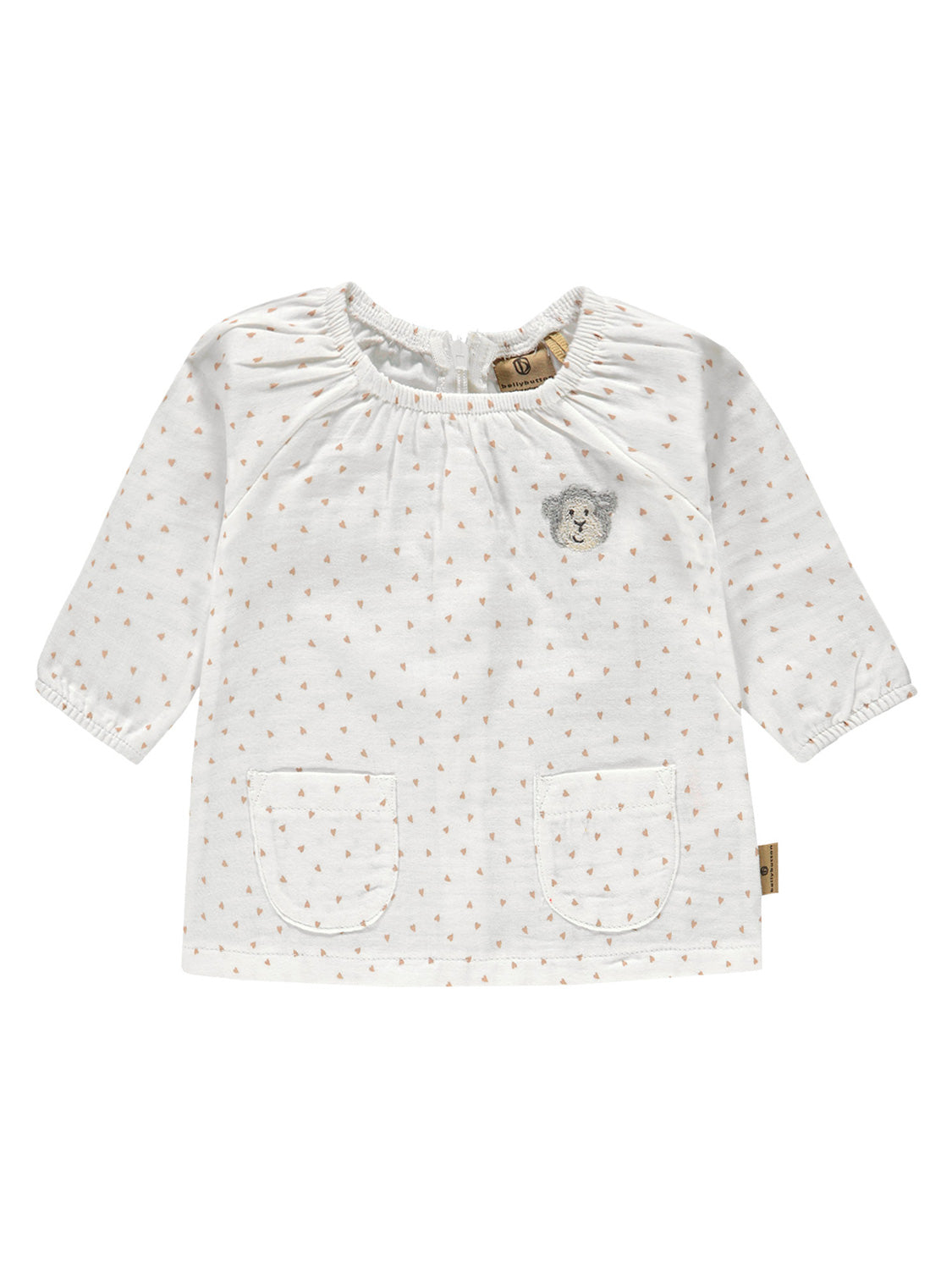 Tunika Weiß: Langarm-Pullover aus weißem Baumwollstrick mit kleinen Herzmustern, gerafftem Kragen, Bärengesicht-Stickerei und zwei Taschen. Ideal für Baby- und Kindermode von bellybutton.