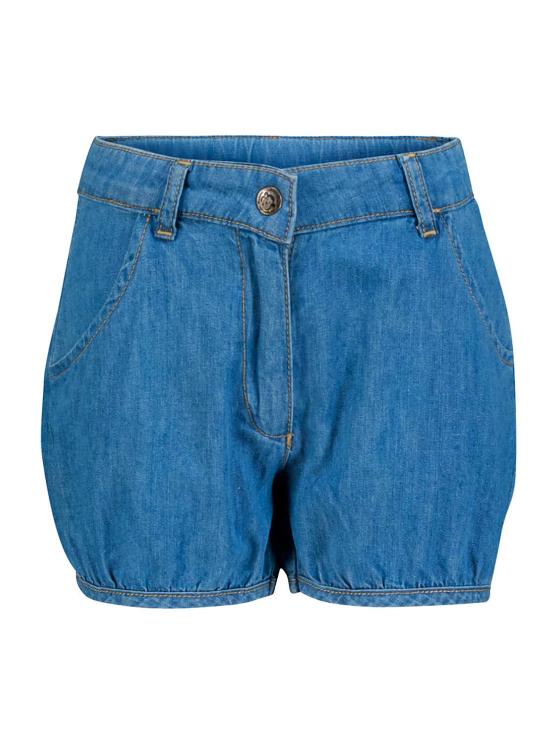 Shorts Blau mit mittelhohem Bund, schrägen Taschen, falschem Hosenschlitz und elastischen Beinsaum für einen ballonartigen Look. Ideal für lässige Kindermode bei bellybutton.