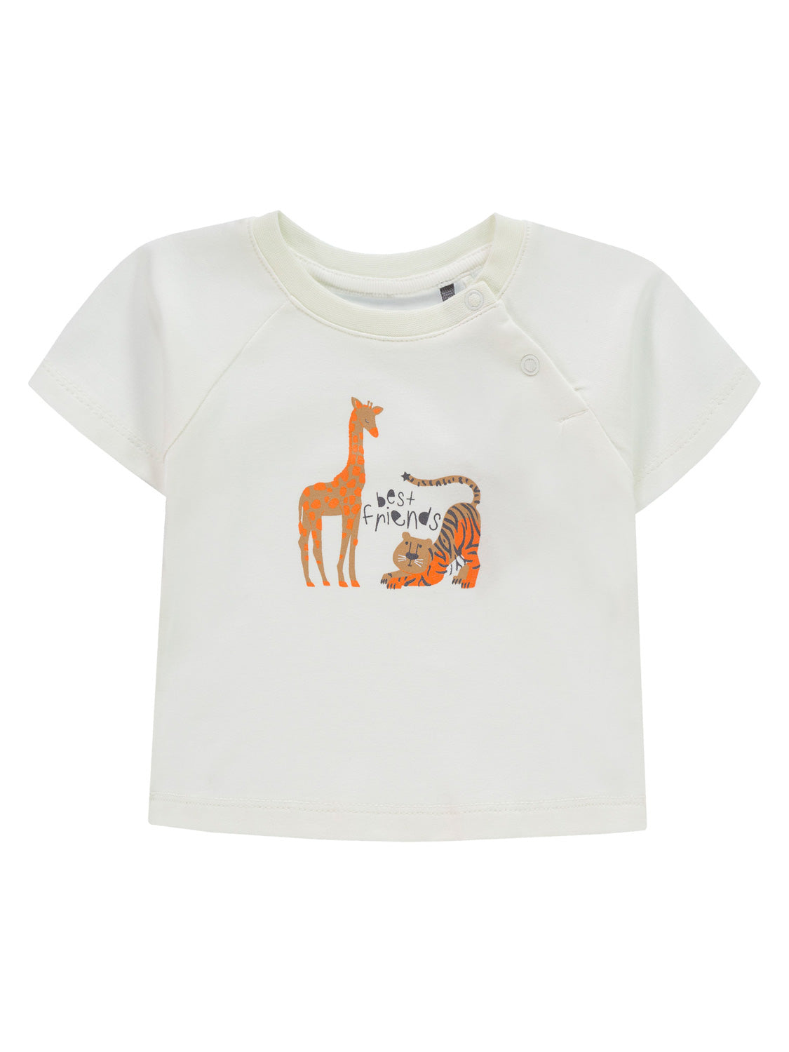Kurzarm-T-Shirt Weiß für Babys mit Schulterknöpfen, illustriert mit einer Giraffe und einem Tiger, begleitet von handgezeichnetem „best friends“-Schriftzug, ideal für bellybutton-Kindermode.
