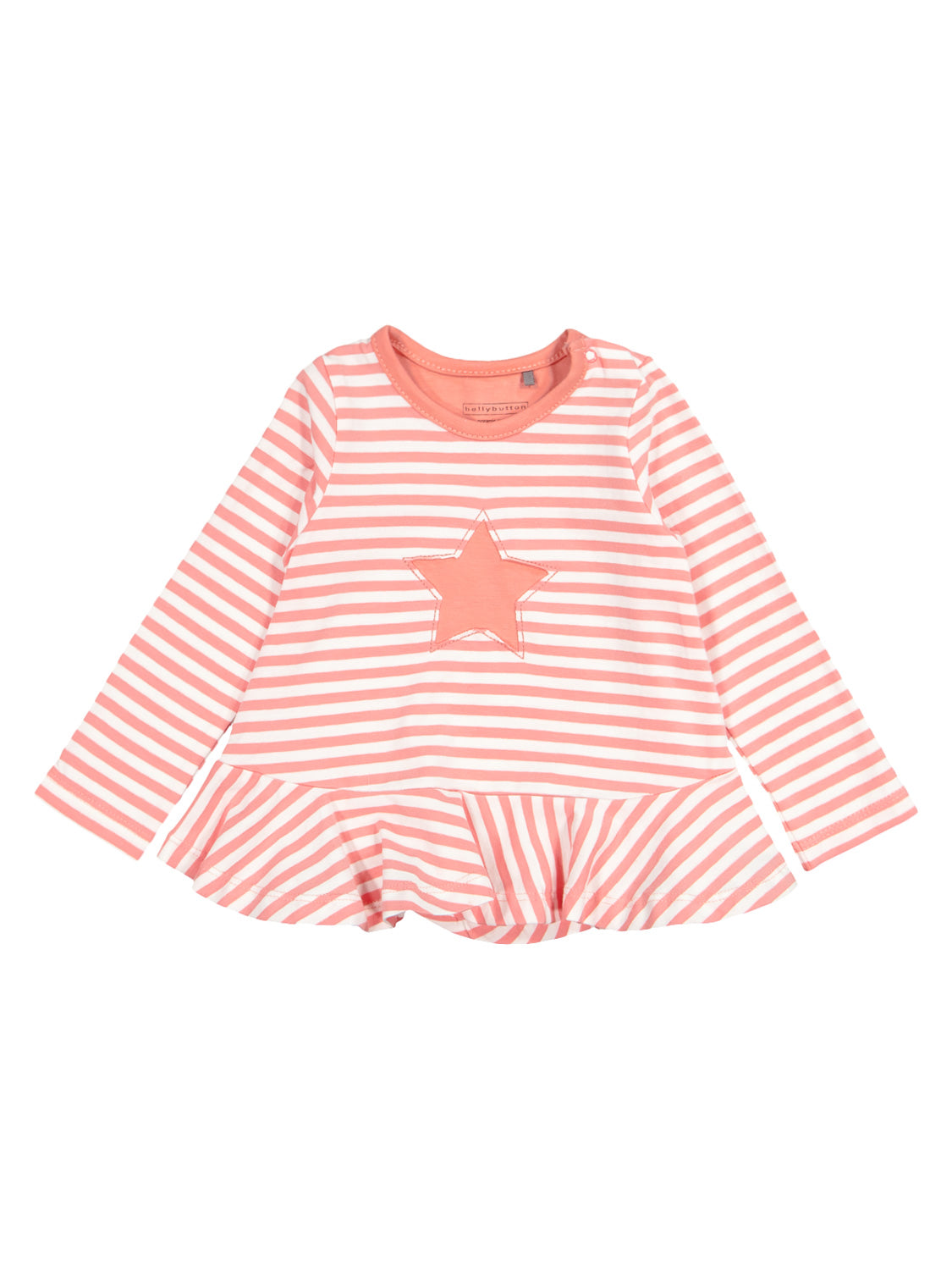 Langarmshirt Koralle mit Streifen und Rüschen-Saum, zentrales Stern-Applikat. Ideal für Kinderbekleidung im bellybutton-Stil.