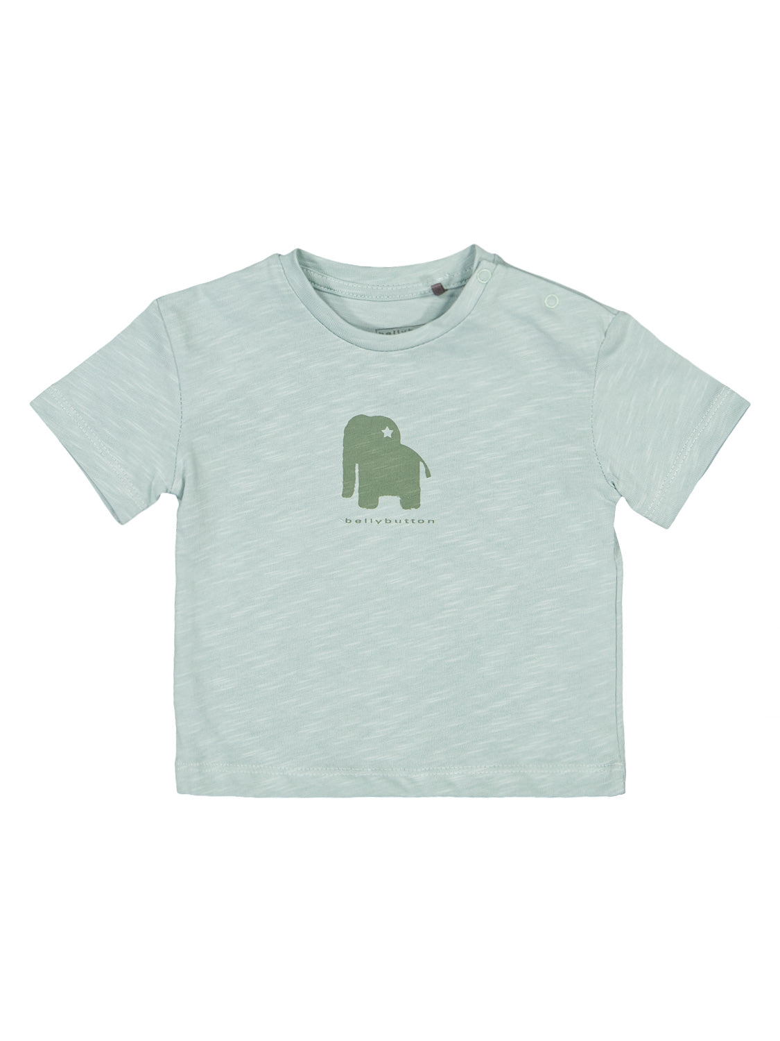 Kinder-T-Shirt Türkis mit Elefantensilhouette und Stern, aus weichem Slub-Baumwollstoff, runder Halsausschnitt, bellybutton-Schriftzug darunter.