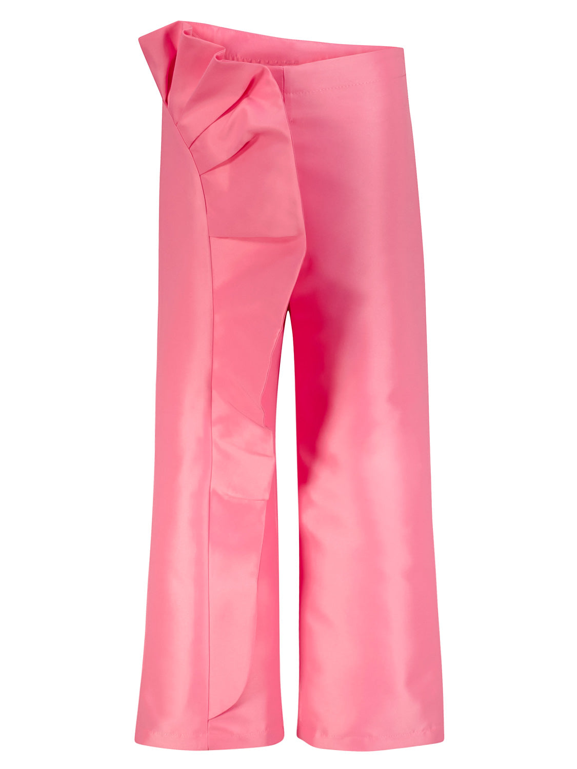Hose Pink: Weit geschnittene Satinhose in Koralle von Mama Luma, mit asymmetrischem Rüschen-Detail an einem Bein, ideal für stilvolle Anlässe.