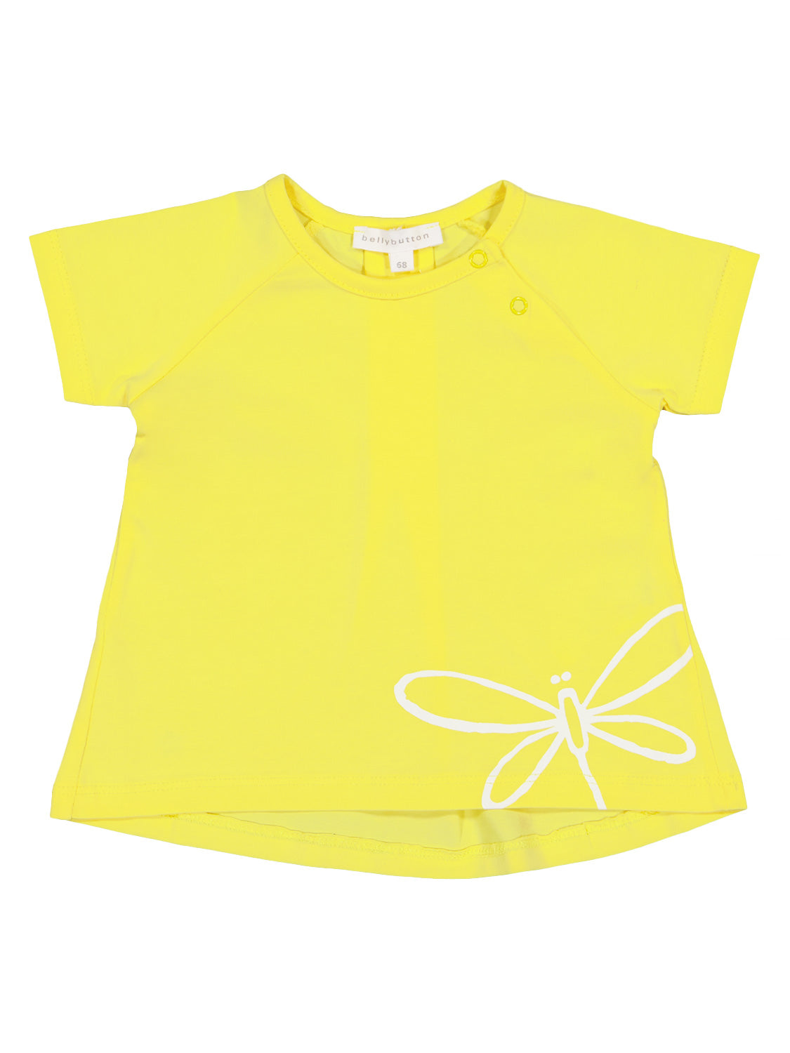 Kleines, gelbes T-Shirt Summer Spirit Gelb mit kurzen Ärmeln, Schulter-Snapbuttons und weißem Libellenmotiv, geeignet für Babys, von bellybutton.