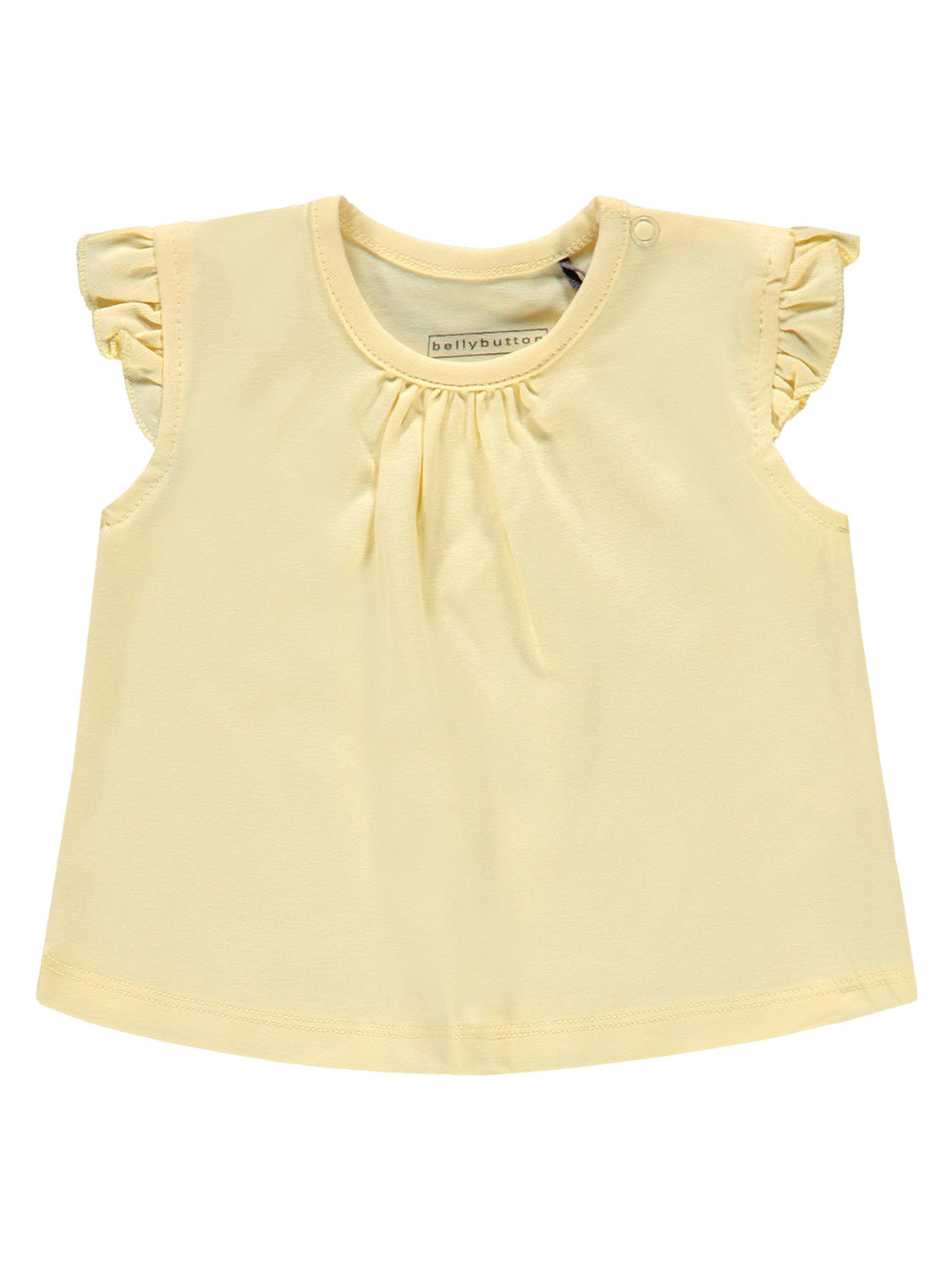 Leichtes, ärmelloses Oberteil T-Shirt Summer Spirit Gelb mit Rundhalsausschnitt, Rüschenärmeln und Schulter-Druckknopf, geeignet für Babys und Kleinkinder.