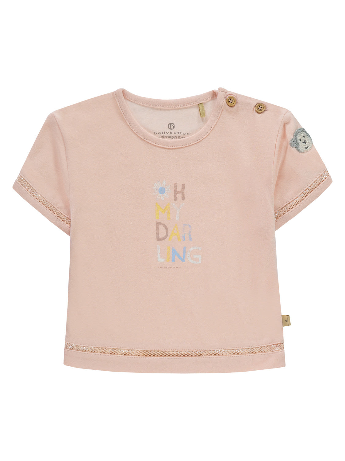 T-Shirt Rosa für Kleinkinder in Blush-Pink mit OH MY DARLING-Print, Holzknöpfen, Spitzenbesatz, besticktem Äffchengesicht und bellybutton-Label. Perfekt für stilvolle Babymode.