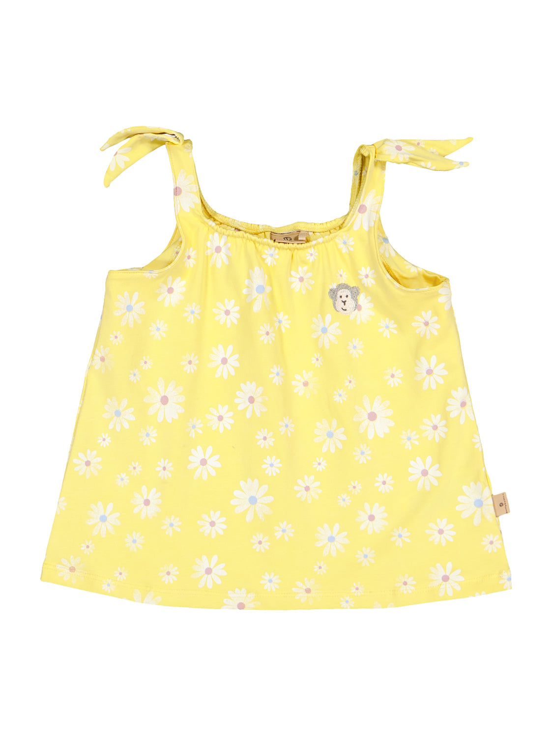 Top Gelb: Ärmelloses Mädchenoberteil mit weißen und pastellrosa Gänseblümchen, Schleifen-Trägern und gesticktem Affengesicht auf der Brust, ideal für sommerlichen Babymode-Stil.