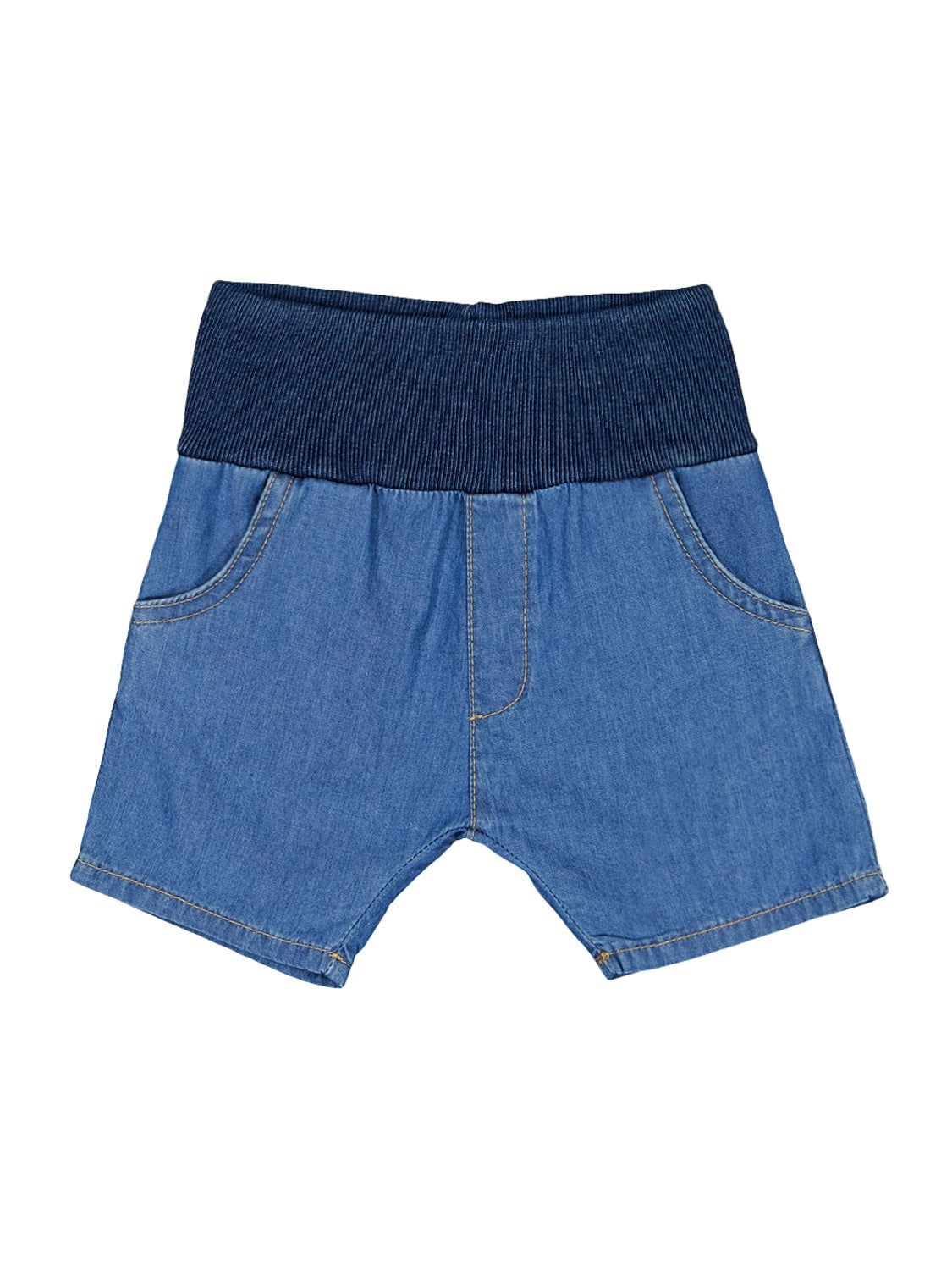 Shorts Blau: Kinder-Denimshorts mit vorderen Taschen und breitem, dunkelblauem, geripptem Gummibund, ideal für bequeme Passform und einfachen Gebrauch, passend zur Vielfalt von bellybutton.