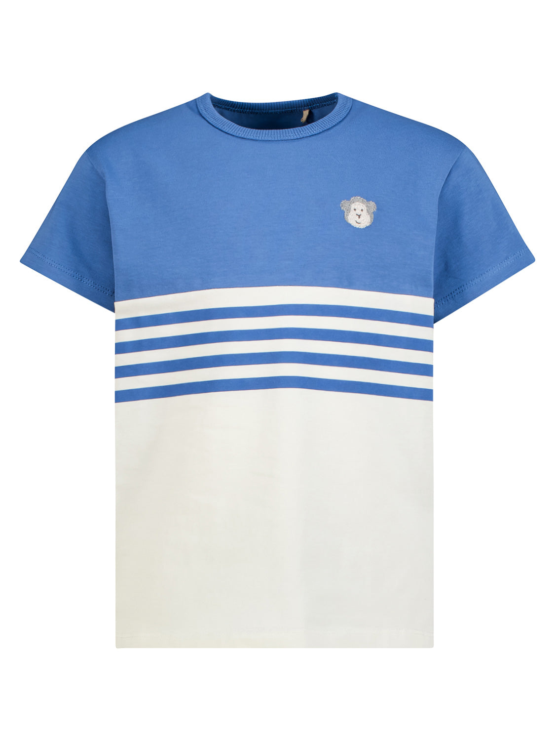 Kurzarm-T-Shirt T-Shirt Blau mit Rundhalsausschnitt, obere Hälfte blau, untere weiß, fünf schmale blaue Streifen auf Brust, kleines Schafsmotiv links oben.