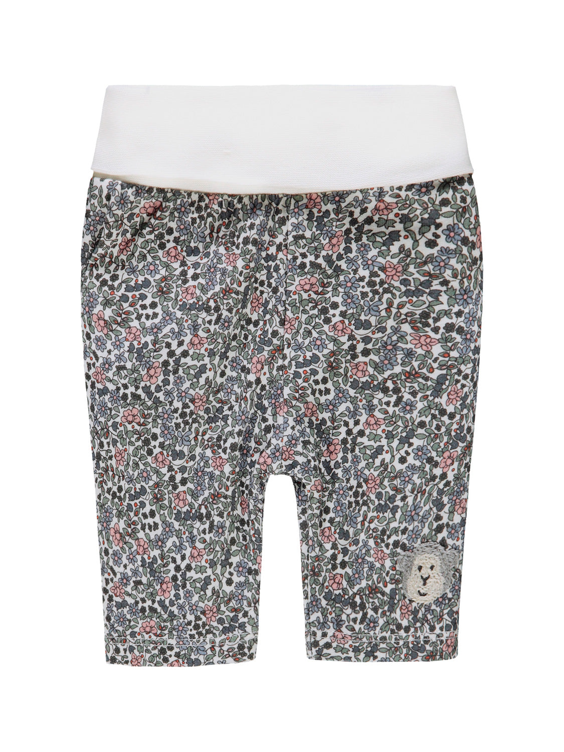 Leggings Grau aus weichem Strickstoff mit weißem Bund, zartem Blumenmuster und gesticktem Teddybär-Patch am Bein. Perfekt für Babys und Kleinkinder bei bellybutton erhältlich.