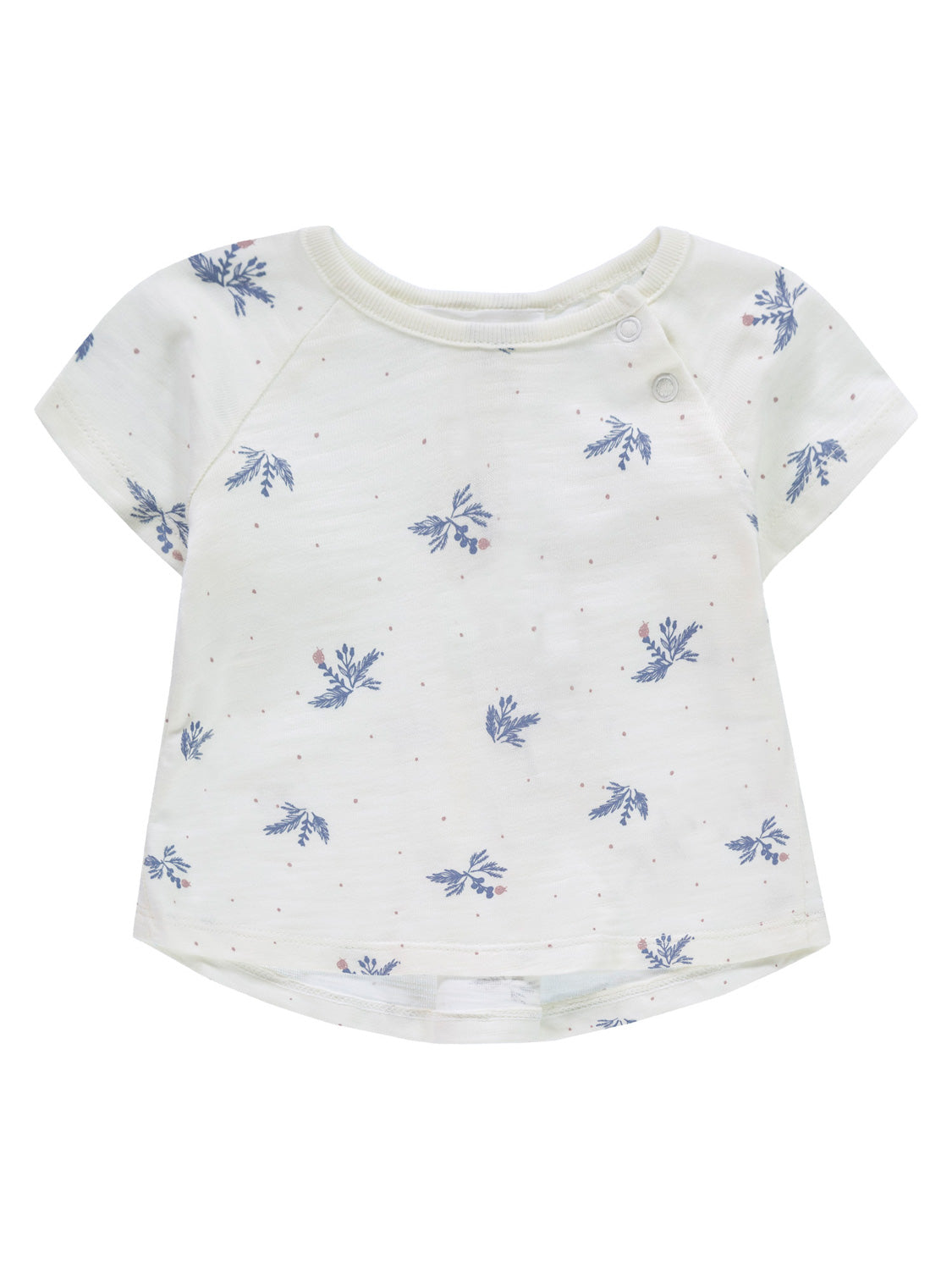 T-Shirt Weiß: Kurzärmeliges Babyshirt mit blauen botanischen Sprigs und rosa Punkten, runder Ausschnitt, zwei Druckknöpfe an der Schulter, sanft geschwungener Saum, ideal für Babybekleidung von bellybutton.