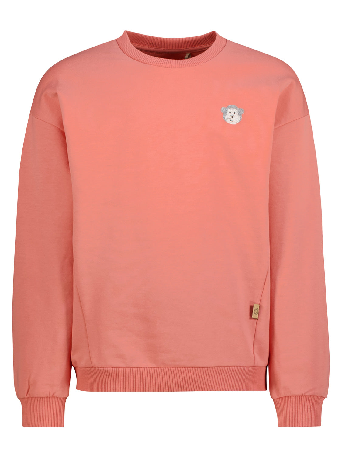 Langarm-Sweatshirt Koralle mit Rundhalsausschnitt, gerippten Bündchen, kleinem gesticktem Tiergesicht auf der Brust und Stoffetikett an der Seitennaht, ideal für stilvolle Kindermode.