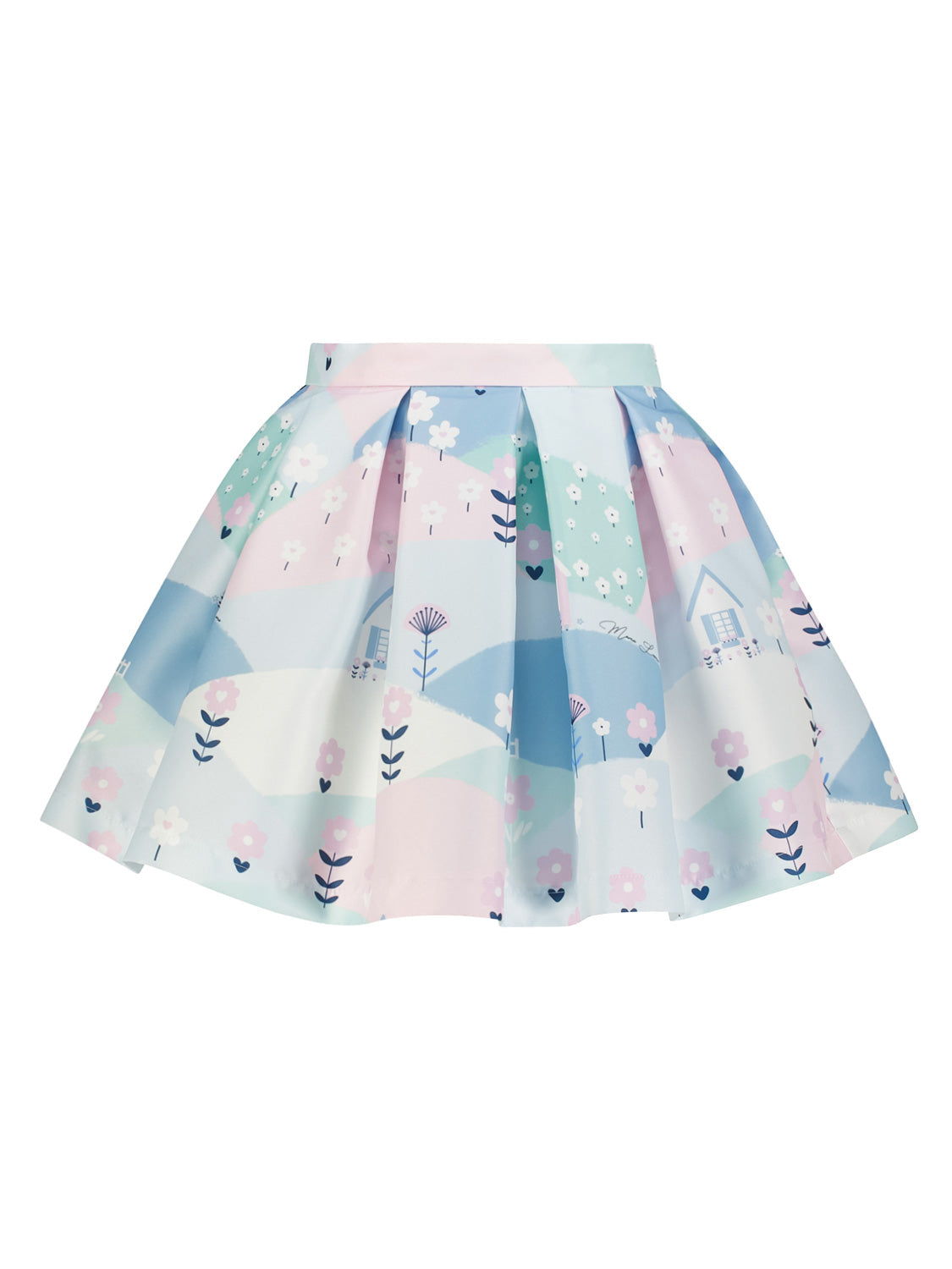 Rock Mehrfarbig: Weit ausgestellter Satinrock mit Boxfalten, bedruckt mit kleinen Blumen, Herzen und Hausmotiven in sanften Pastellfarben, von Mama Luma.