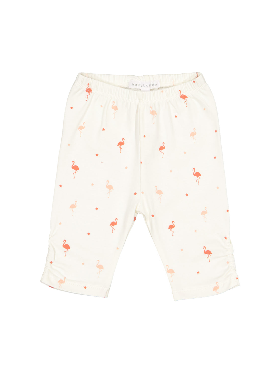 Leggings Cremeweiß für Kinder, caprilang, mit pinken/orangen Flamingos und kleinen Sternen bedruckt. Elastischer Bund mit bellybutton Etikett hinten. Ideal für bequeme Kindermode.