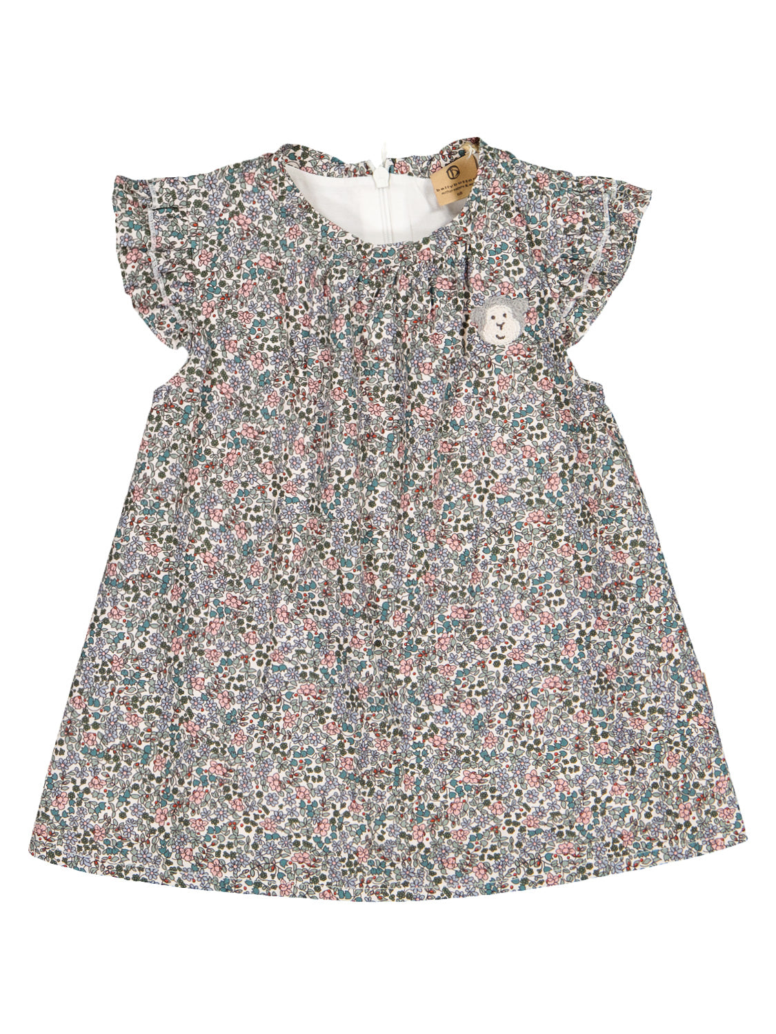 Kleid Cremeweiß: A-Linien-Kleid für Mädchen mit Rüschenärmeln, zartem Blumenmuster und gesticktem Bärengesicht auf der Brust. Ideal für Babys und Kleinkinder.