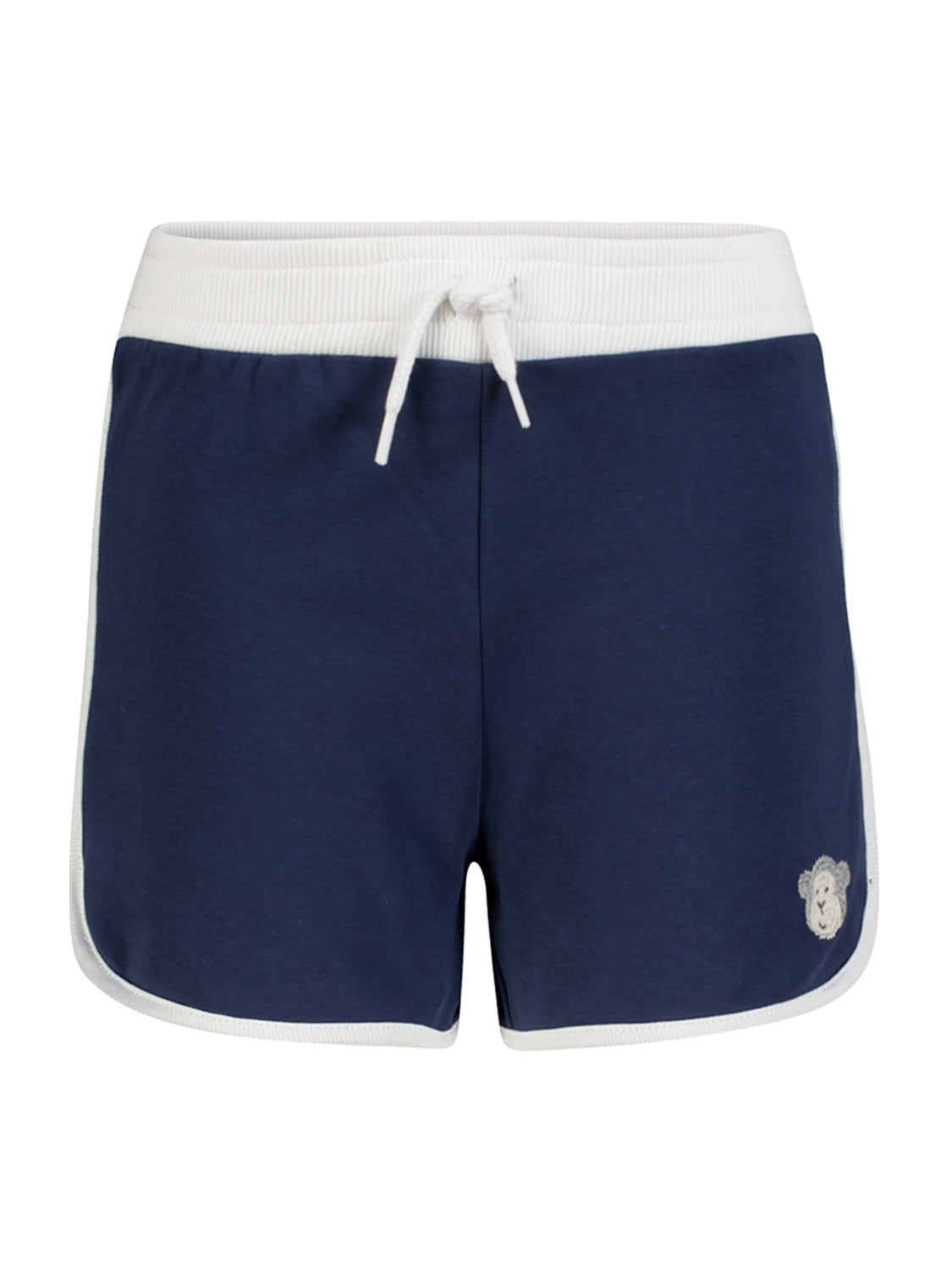 Sweatshorts Marineblau: Damen-Lounge-/Athletikshorts mit breitem weißem Bündchen, Kordelzug und Teddy-Gesicht Stickerei am Bein, ideal für bequemen Stil aus dem bellybutton Shop.