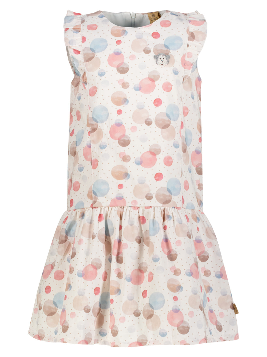 Mädchenkleid Kleid Cremeweiß: Ärmellos, knielang, mit zarten Pastellpunkten, Schulterrüschen und einem gerafften Rock ab der Taille. Ideal für stilvolle Kindermode von bellybutton.