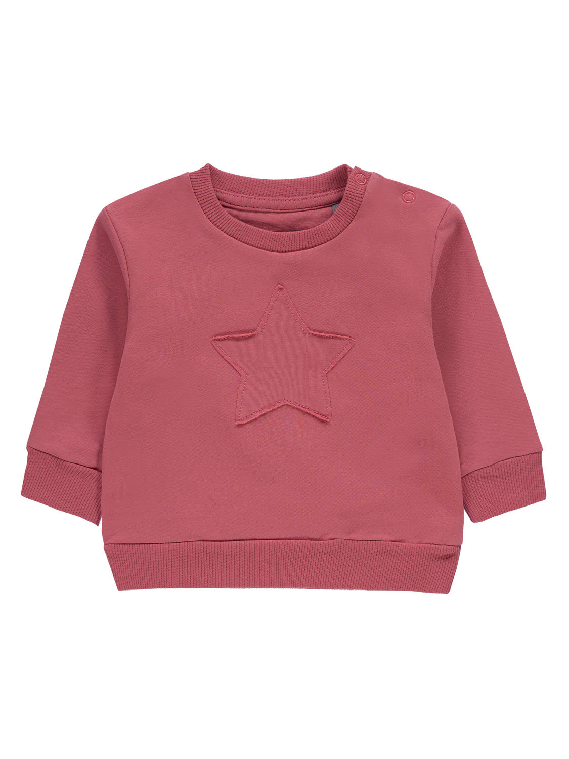 Kinder-Sweatshirt Koralle mit langen Ärmeln, geripptem Rundhalsausschnitt und gesticktem Stern-Applikation. Zwei Druckknöpfe an der Schulter erleichtern das Anziehen.
