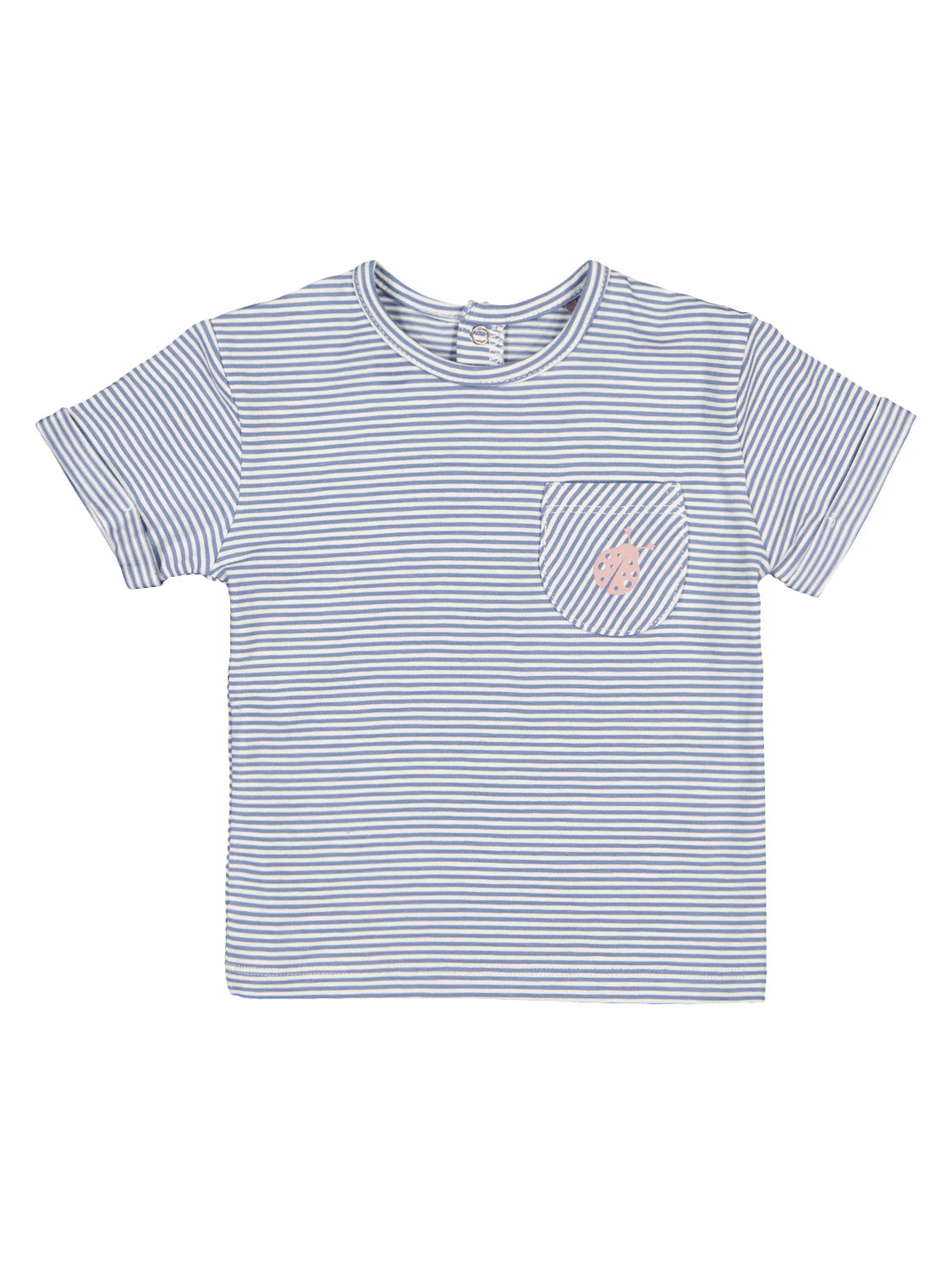 Kurzärmliges T-Shirt Blau mit dünnen Streifen und diagonaler Brusttasche mit pinkem Marienkäfermotiv, ideal für einen verspielten, bequemen Look für Kinder.
