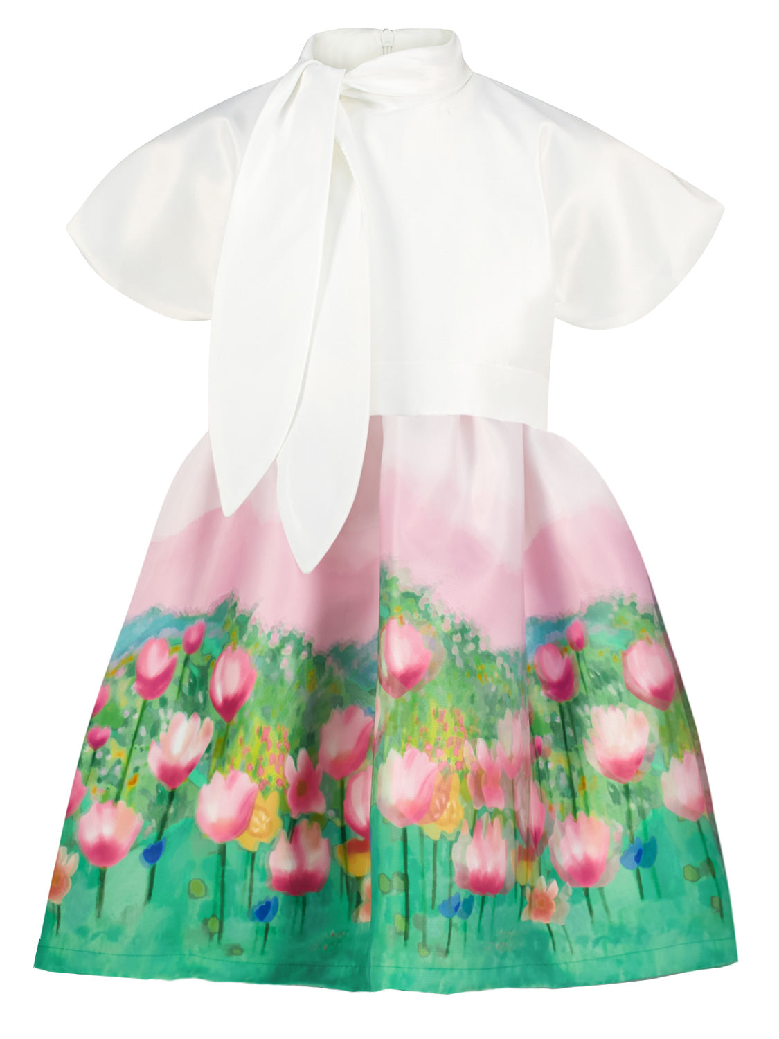 Kleid Weiß: Elegantes Sommerkleid für Mädchen von Mama Luma, mit schlichtem weißen Oberteil und aquarellbedrucktem Tulpenrock in zarten Pastelltönen.