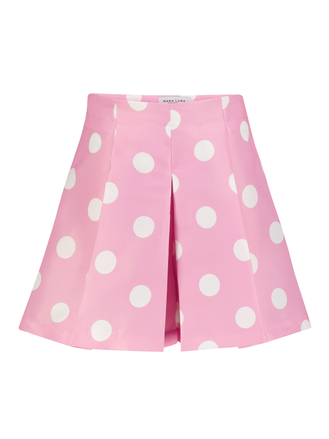 Shorts Rosa von Mama Luma: Ein eleganter, bubble-gum-pinker Skort mit weißen Polka-Dots, ideal für sommerliche Outfits für Kinder und Teenager.