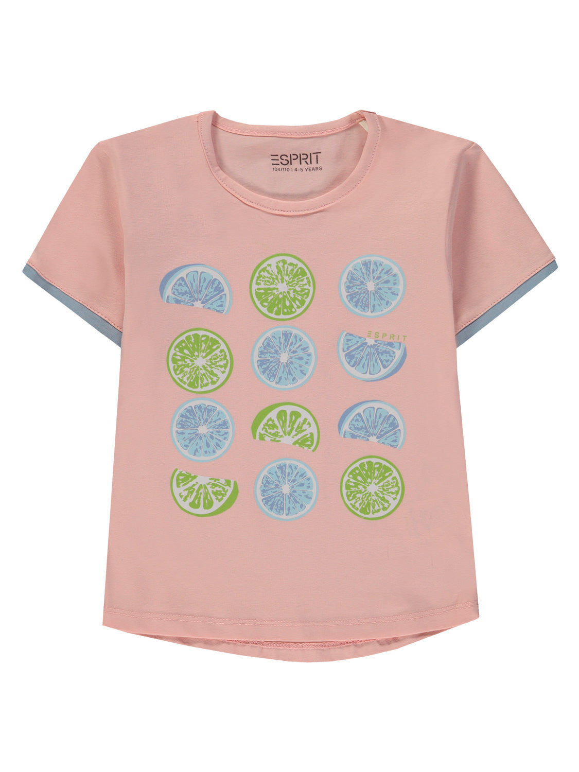 Rosa T-Shirt für Kinder, aus Baumwolljersey, mit blauen und grünen Zitrusfrucht-Motiven. Ideal für 4-5 Jahre.