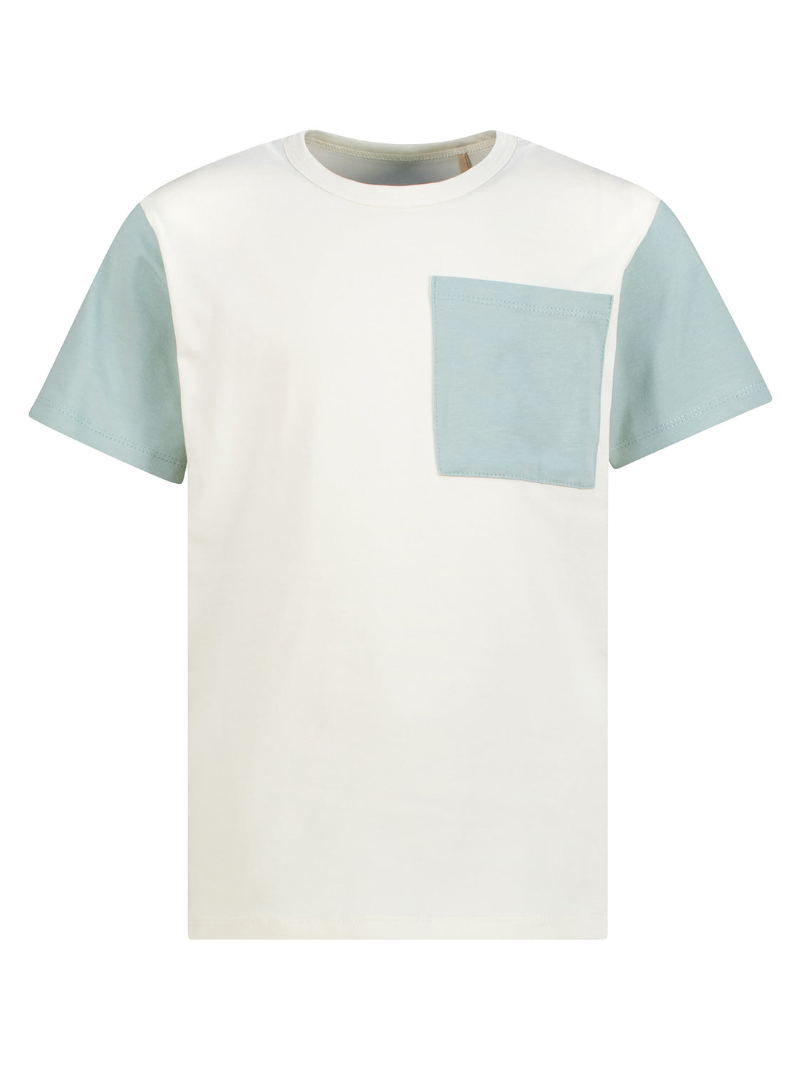 T-Shirt Cremeweiß mit colorblock Design: kurzärmelig, Rundhals, cremefarbener Körper, mintfarbene Ärmel und Brusttasche. Perfekt für individuelle Kinder- und Babymode von bellybutton.