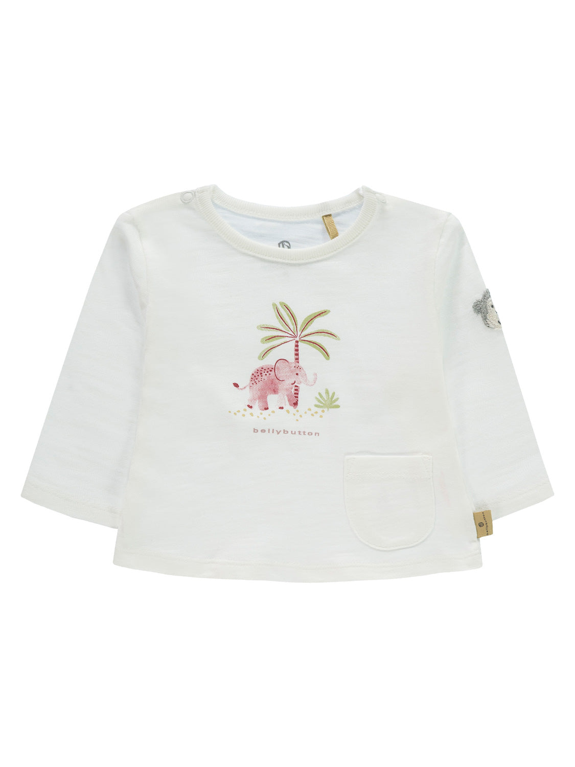 Langarmshirt Weiß für Babys mit pinkem Elefanten-Print, Palmenmotiv, bellybutton-Schriftzug, Ärmel-Patch, kleiner Tasche und Schulterknöpfen für leichtes Anziehen.