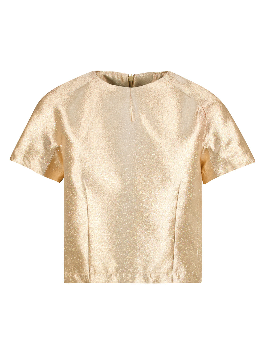 Bluse Gold von Mama Luma: Kurzärmelige, metallic-glänzende Damenbluse mit rundem Ausschnitt und dezenten Prinzessnähten, ideal für einen eleganten Look.