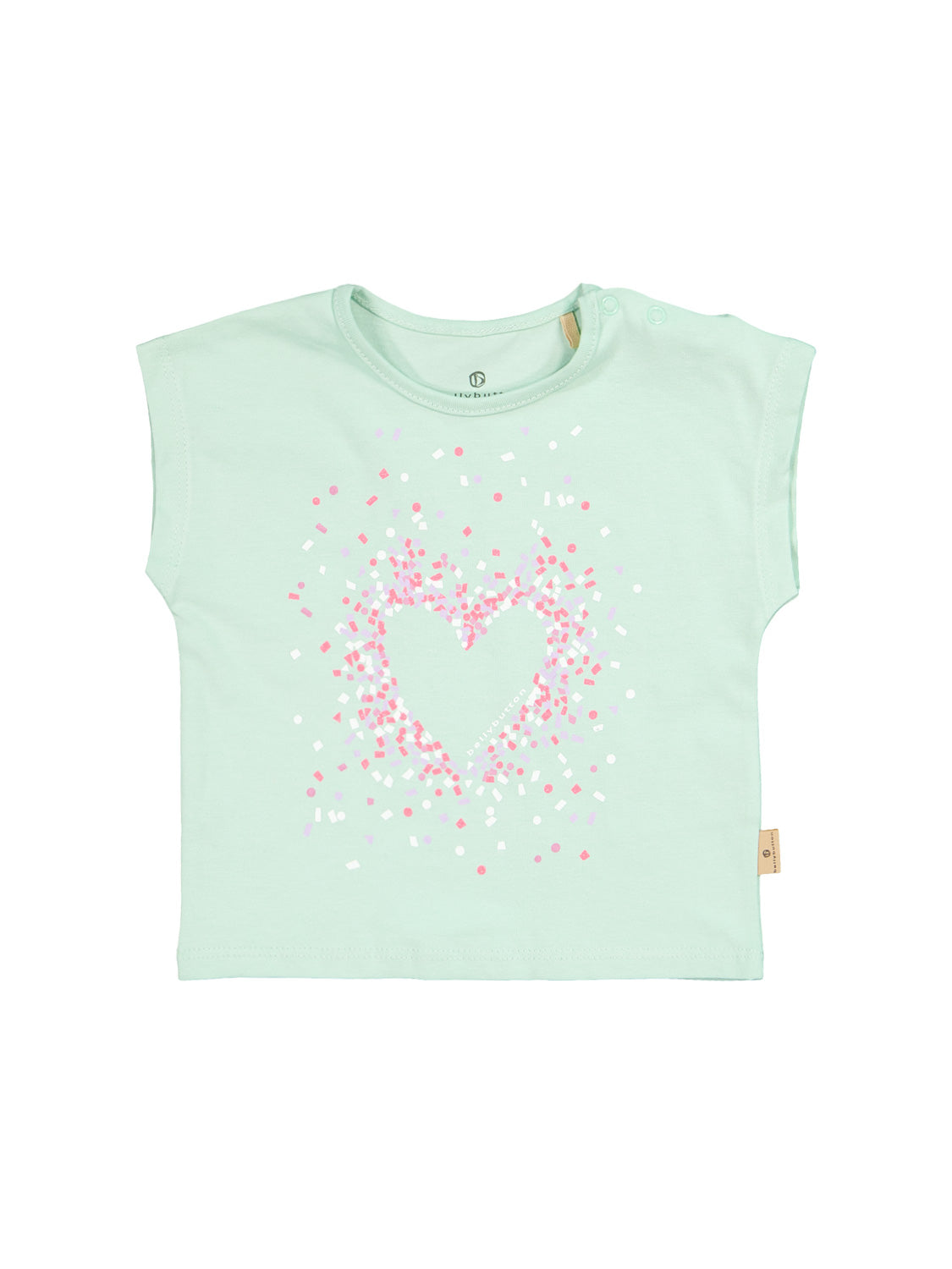 T-Shirt Mintgrün: Kinder-T-Shirt mit Herzmotiv aus Konfetti-Punkten in Rosa, Weiß und Lavendel, mit Schulterdruckknöpfen für einfaches Anziehen.
