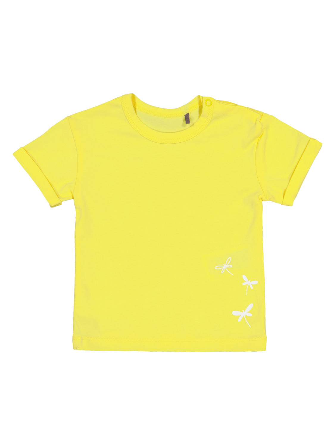 T-Shirt Summer Spirit Gelb: Kurzärmeliges Kinder-T-Shirt mit Rundhalsausschnitt, Schulter-Druckknopf und drei weißen Libellen-Silhouetten auf der Vorderseite unten rechts. Perfekt für sommerliche Abenteuer.
