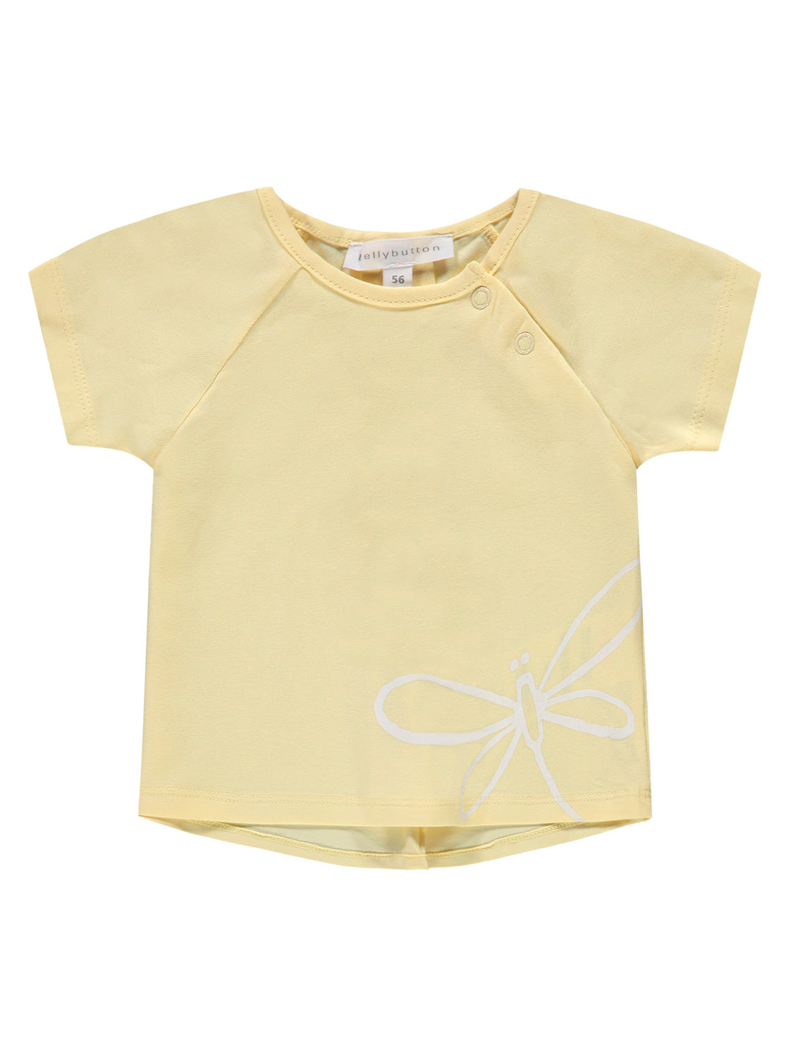 T-Shirt Gelb von jellybutton, Größe 56: Kurzarm-Babyshirt mit zwei Schulter-Druckknöpfen und einem weißen Libellenmotiv nahe dem Saum. Ideal für stilvolle Babymode.