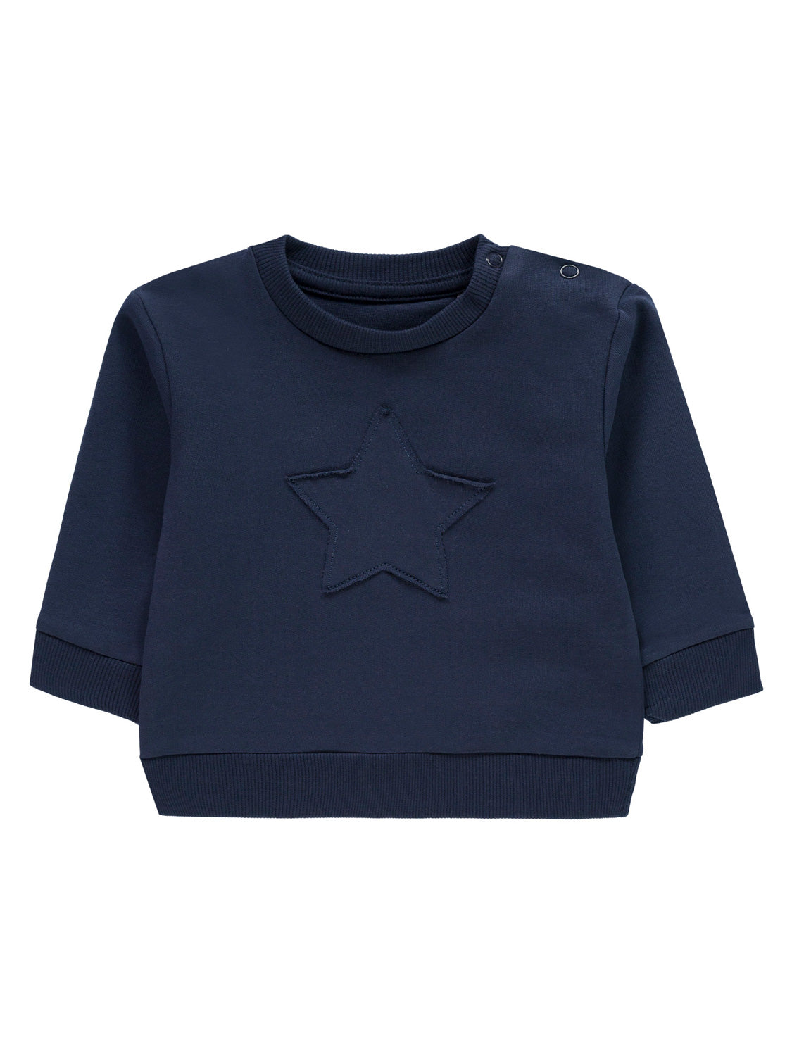 Sweatshirt Marineblau für Babys mit langen Ärmeln, gerippten Bündchen und Saum, Schulterknöpfen und appliziertem Stern auf der Vorderseite. Ideal für stilvolle, bequeme Babymode von bellybutton.
