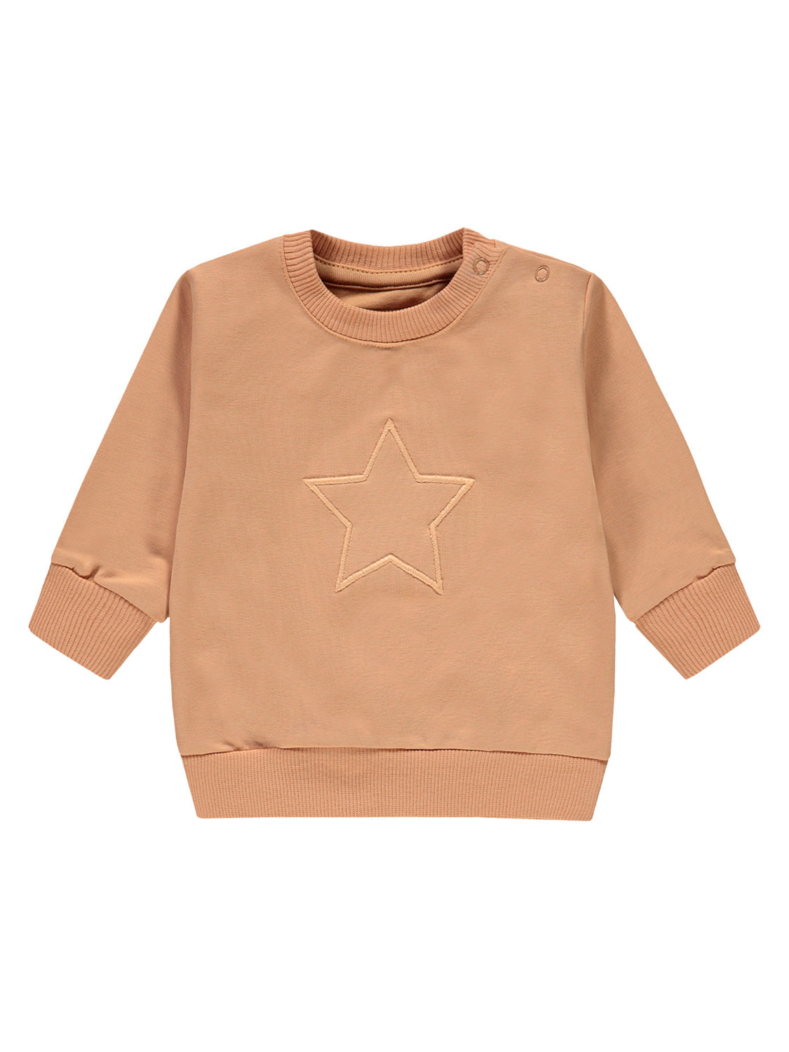 Sweatshirt Apricot: Langarm-Kinderpullover mit Schulterdruckknöpfen und Sternstickerei auf der Brust, ideal für einfaches Anziehen. Perfekt für stilvolle Babymode von bellybutton.
