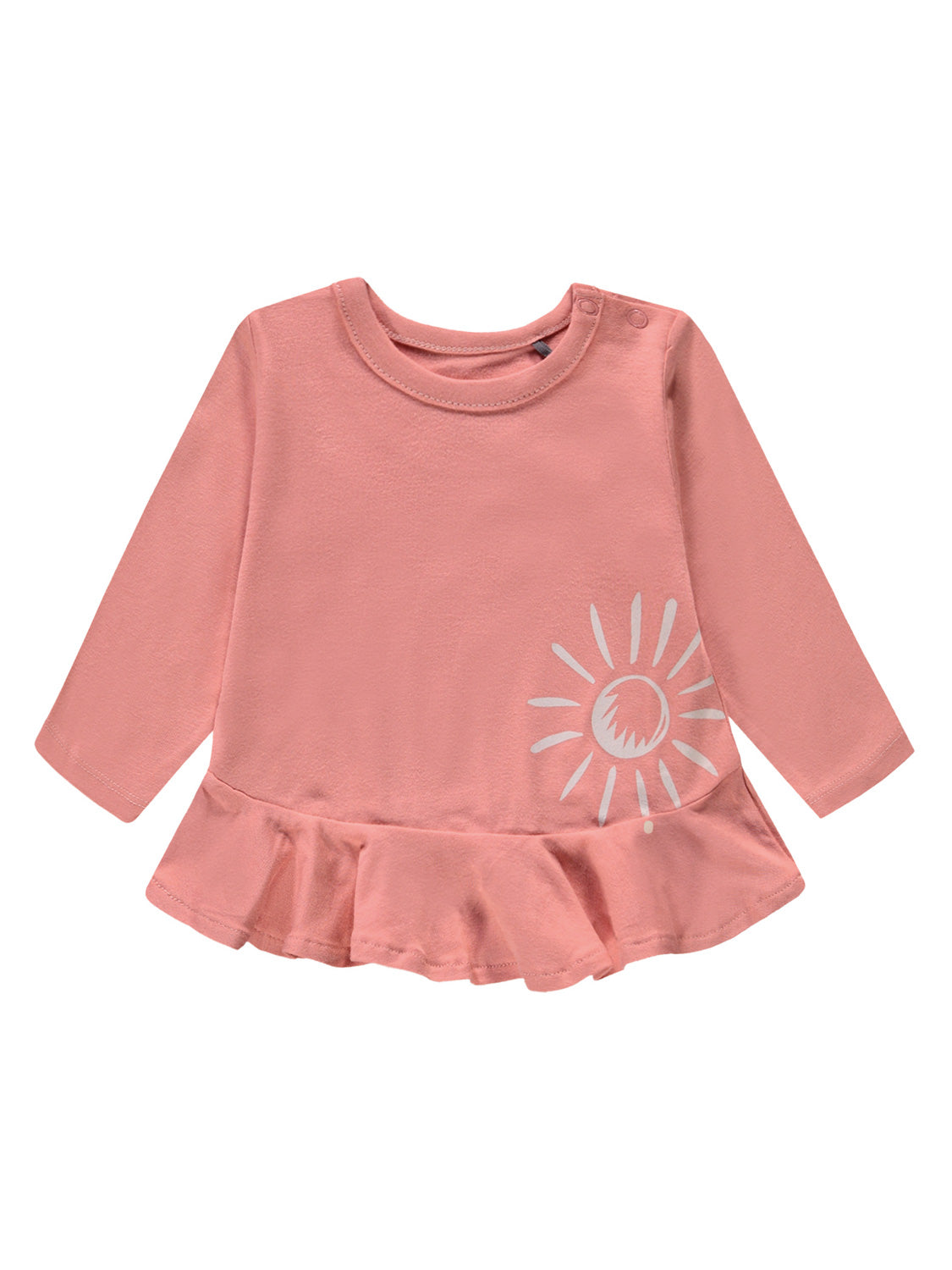 Langarmshirt Hello Sunshine Rosa mit kleinem Peplum-Volant am Saum und Sonnenmotiv unten rechts, ideal für stilvolle Babymode von bellybutton.