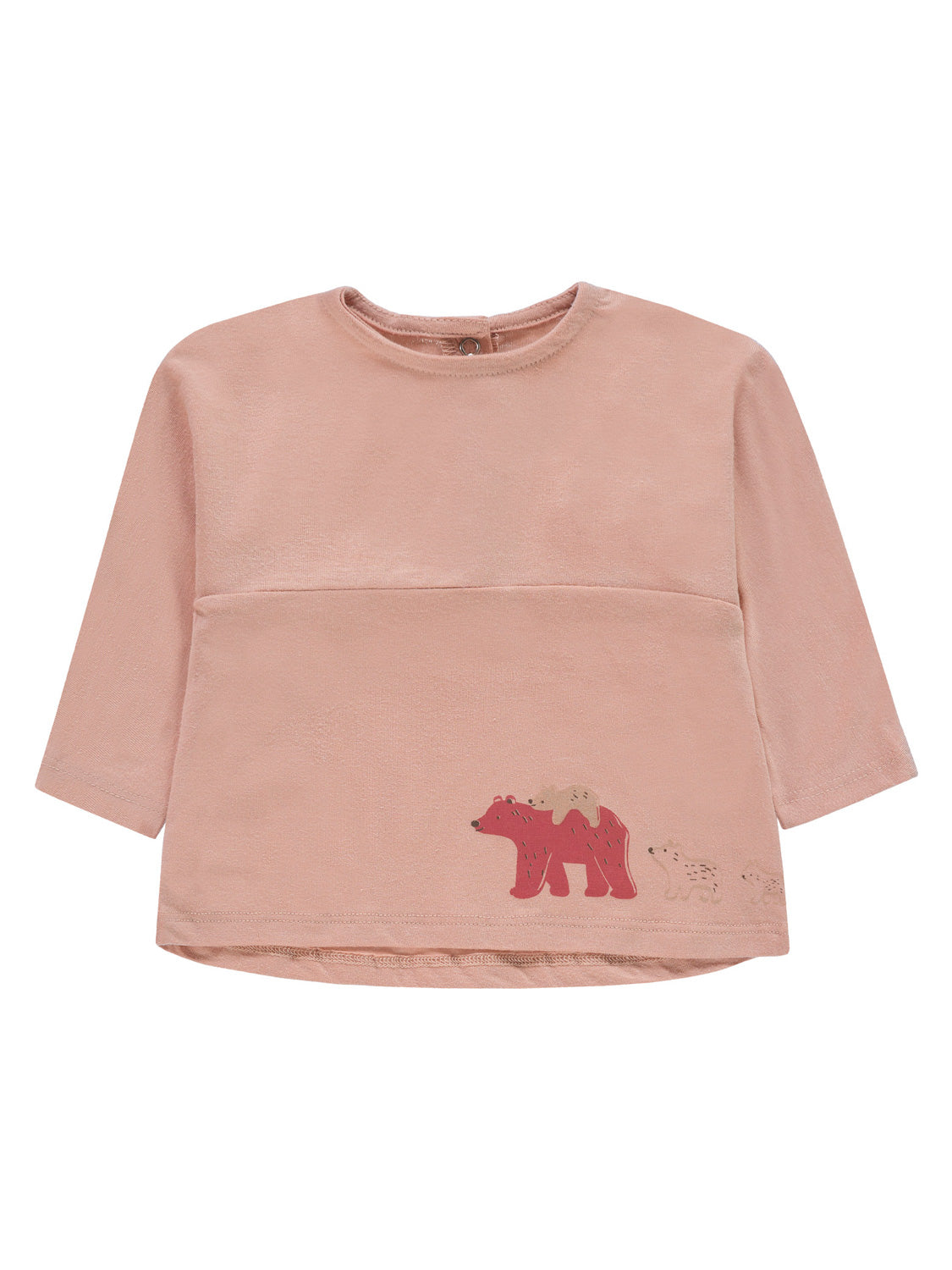 Langarmshirt Sweatshirt Apricot mit Bärenmotiv: Großer Bär trägt kleineren, gefolgt von zwei Bärenjungen. Crewneck mit Druckknopfverschluss hinten, ideal für Kinder.