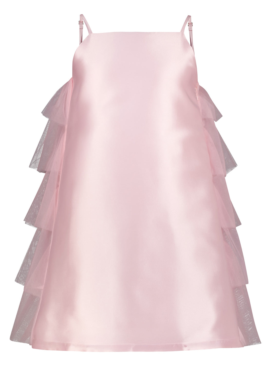 Kleid Rosa: Ärmelloses A-Linien-Kleid aus Satin mit spaghetti-Trägern und seitlichen Tüllrüschen, von Mama Luma, ideal für elegante Sommeranlässe.