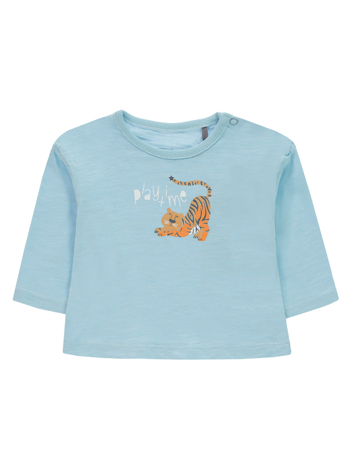 Longsleeve Hellblau mit orangefarbenem Cartoon-Tiger und play time-Schriftzug, Druckknopf an der Schulter für einfaches Anziehen. Ideal für Babys und Kleinkinder bei bellybutton.