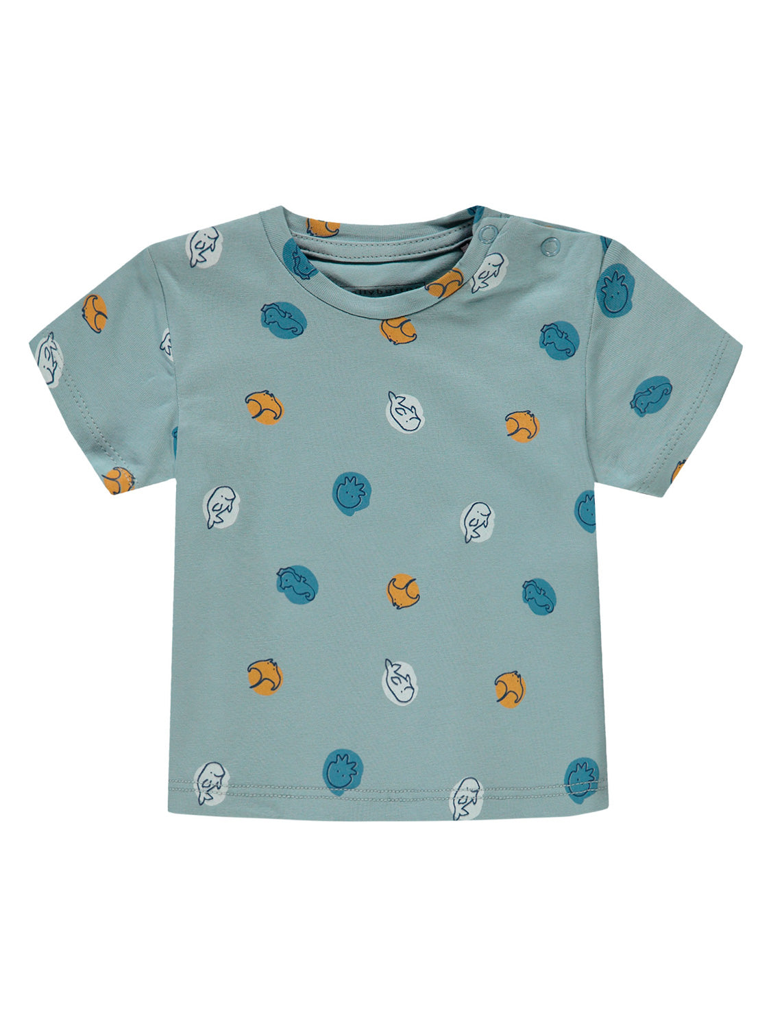 T-Shirt Blau: Kurzärmeliges Babyshirt in gedecktem Teal mit maritimen Motiven und Schulterknöpfen für einfaches An- und Ausziehen. Ideal für kleine Meeresliebhaber.