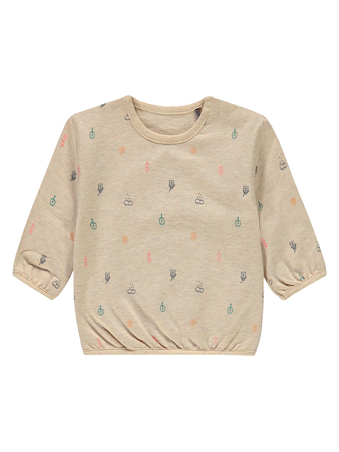 Beige Sweatshirt für Babys mit langen Ärmeln, Rundhalsausschnitt und Druckknöpfen. Bunte Mini-Icons von Sonne, Wolken, Raketen und Lollis zieren das Design.