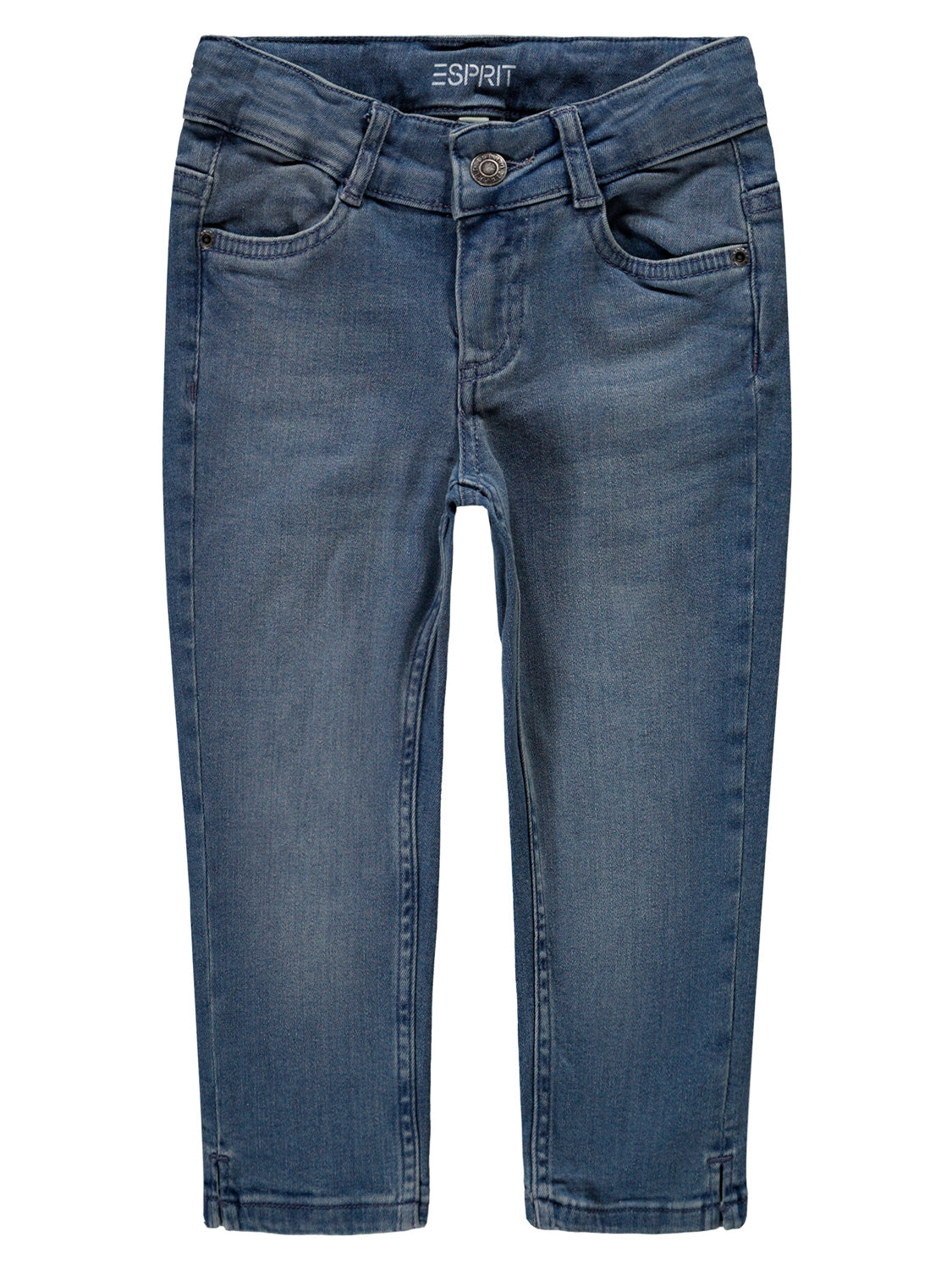 Jeans Blau: Kinder-Slim-Fit-Jeans mit fünf Taschen, mittlerem Waschton, ESPRIT-Logo, leicht konisch zulaufenden Beinen, Knopf- und Reißverschluss aus Denim mit Elastan und recycelter Baumwolle.