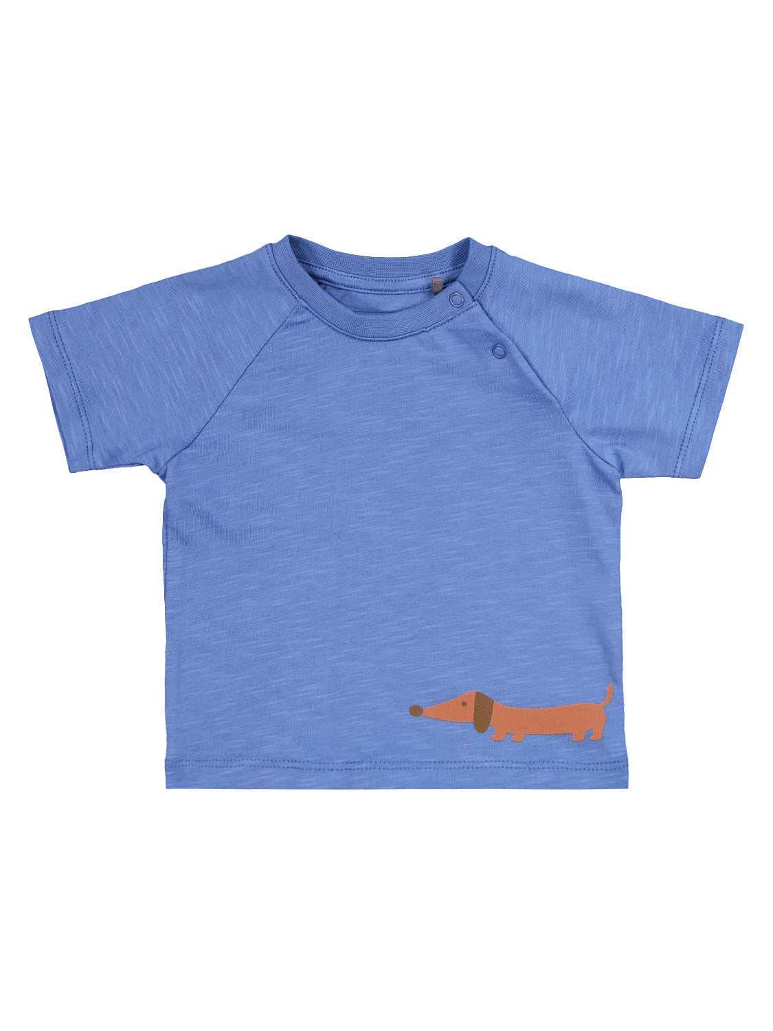 T-Shirt Blau: Kurzarm-Babyshirt mit zwei Schulter-Druckknöpfen und kleinem orangefarbenem Dackel-Print am Saum. Ideal für die stilvolle Babymode von bellybutton.