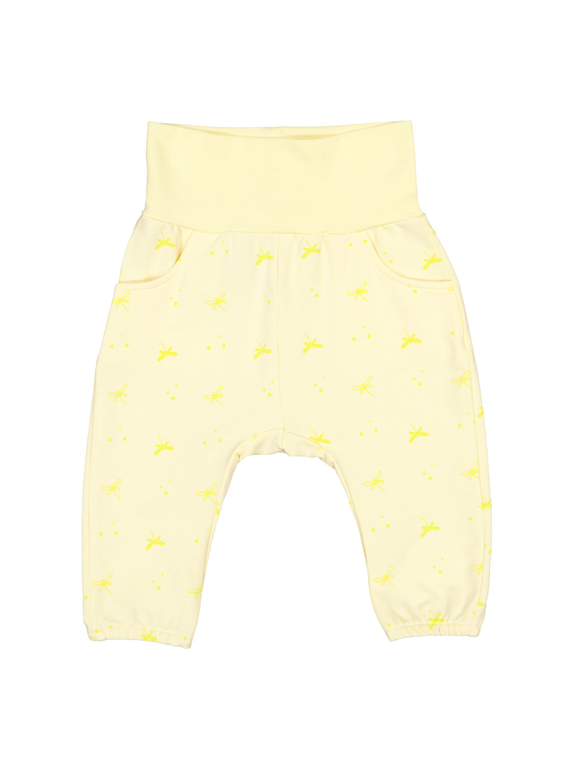 Jogginghose Summer Spirit Gelb: Hellgelbe Babyhose mit weichem Umschlagbund, schmal zulaufenden Beinen, elastischen Bündchen, seitlichen Taschen, mit kleinen gelben Libellenmotiven bedruckt.