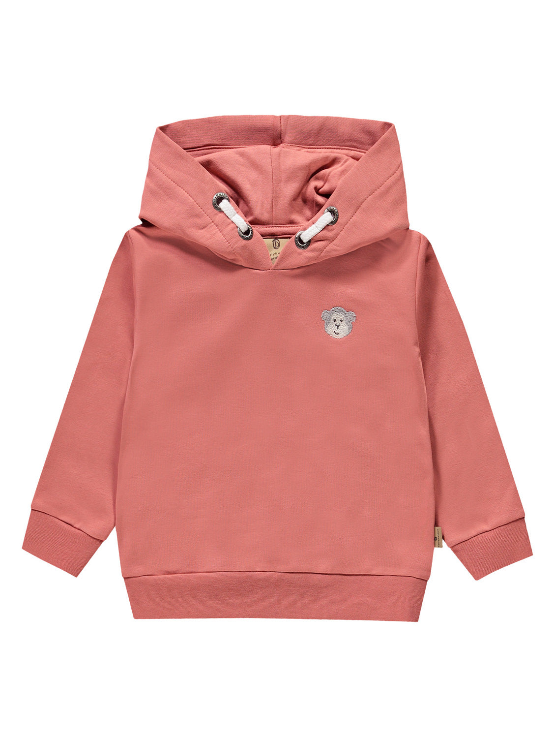 Kinderpullover Hoodie Koralle mit Kapuze und Stickerei eines Teddybärgesichts auf der Brust, langen Ärmeln mit gerippten Bündchen und Saum, perfekt für stilvolle Kindermode.
