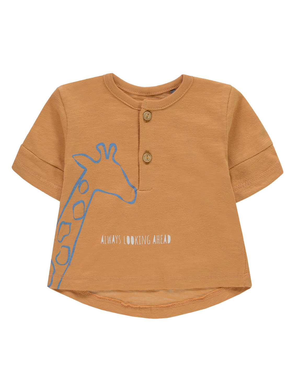 Kinder T-Shirt Camel mit Rundhalsausschnitt, Knopfleiste und Giraffenprint. Ideal für kleine Entdecker, inspiriert von bellybutton's stilvoller Kindermode.