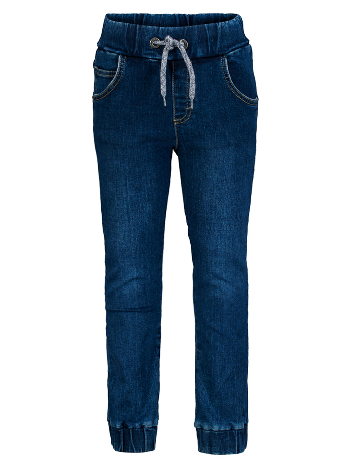 Jeans Marineblau: Jogger-Style-Hose mit elastischem Bund und Kordelzug, Seitentaschen und gerippten Bündchen an den Knöcheln. Ideal für bequeme Kinder- oder Umstandsmode.