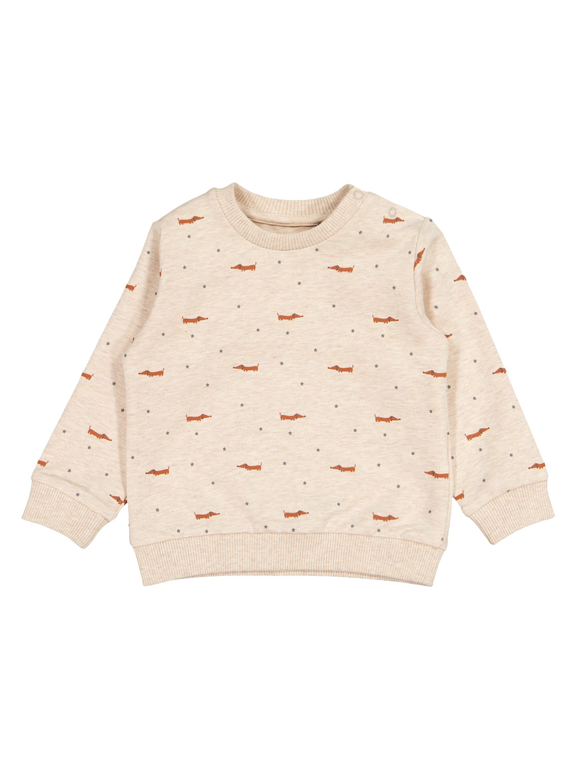 Kinderpullover Sweatshirt Beige mit langen Ärmeln, Rundhalsausschnitt und Druckknopfverschluss, verziert mit Dackel-Silhouetten und kleinen Sternen, ideal für bequeme und stilvolle Babymode bei bellybutton.