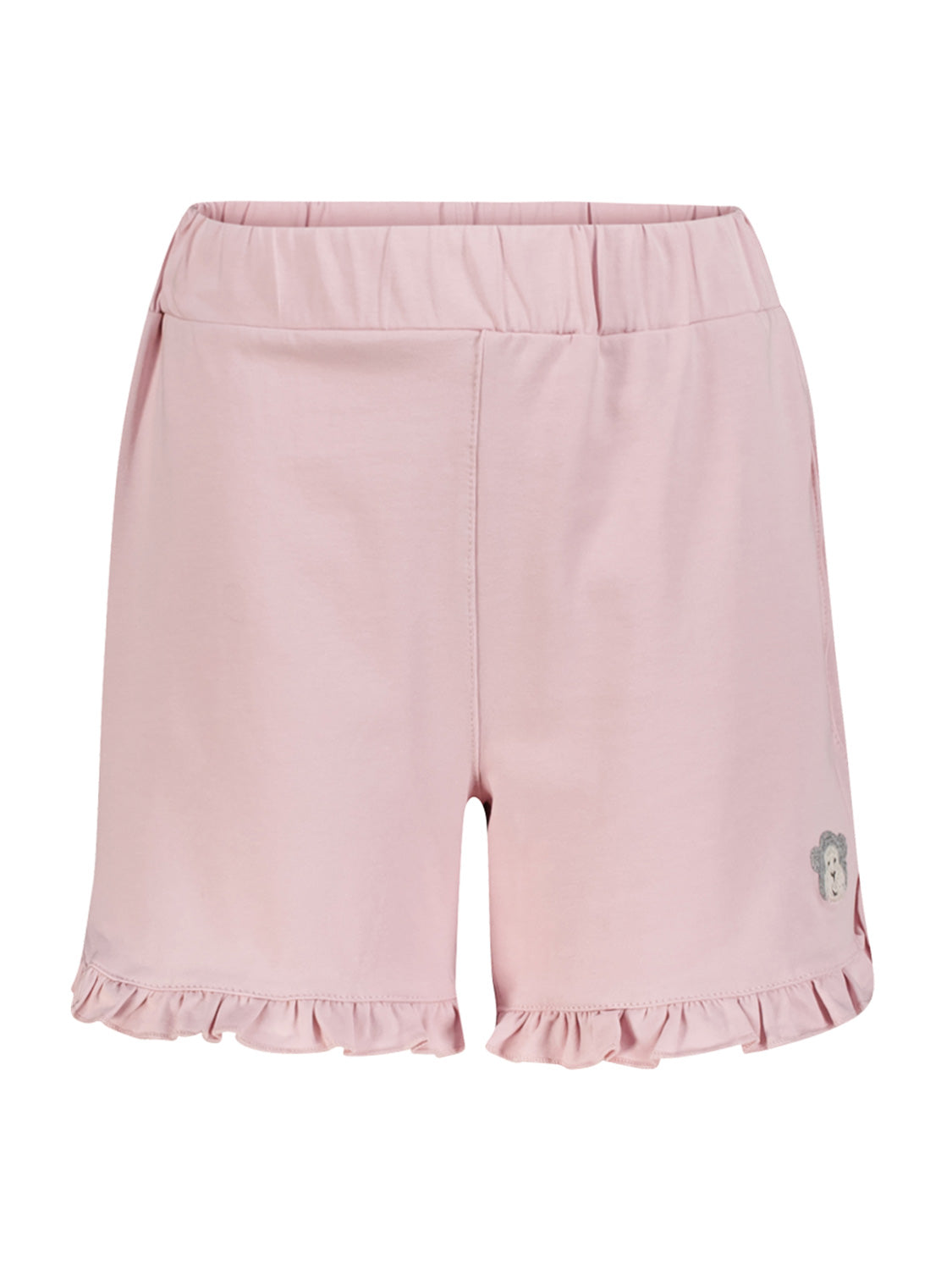 Sweatshorts Rosa: Leichte pinkfarbene Shorts mit elastischem Bund, Rüschen an den Beinöffnungen und kleinem Affendetail am rechten Saum. Ideal für bequeme Kinder- oder Babymode.